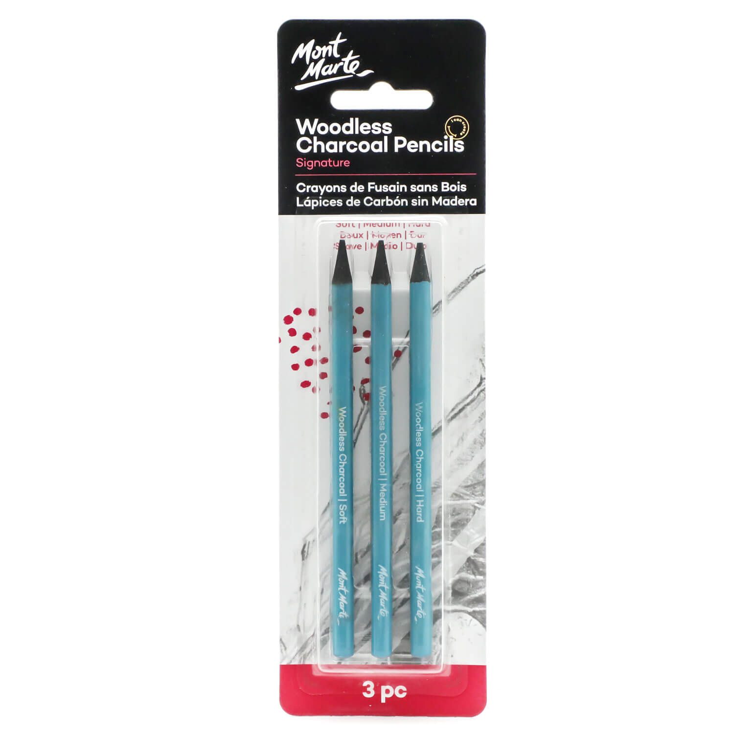 Mont Marte Kohlestift Woodless Charcoal Pencils – 3er Set (Weich, Mittel, Hart), (Set, 3-tlg), Holzlose Kohlestifte für Skizzen,Schattierungen & Ausdrucksvolle Kunst