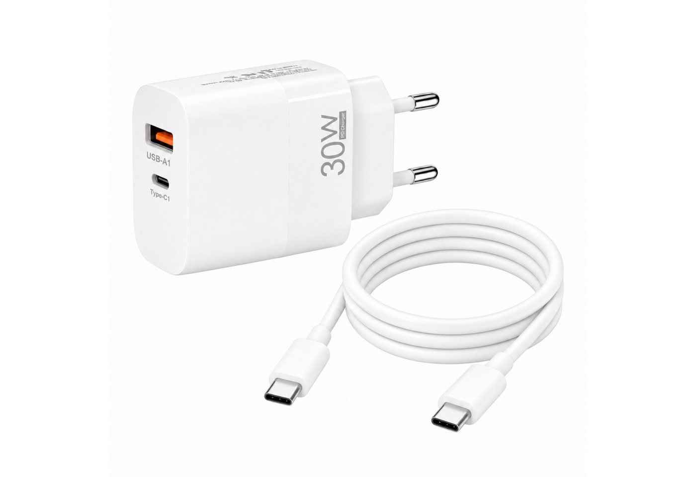 PlugUp 30W USB-C Schnellladegerät mit USB-C & USB-A Anschluss mit USB-C Kabel Smartphone-Ladegerät (3300 mA, Set, Inkl. USB-C Ladekabel, Universelles Schnellladegerät mit USB-C auf USB-C Ladekabel)
