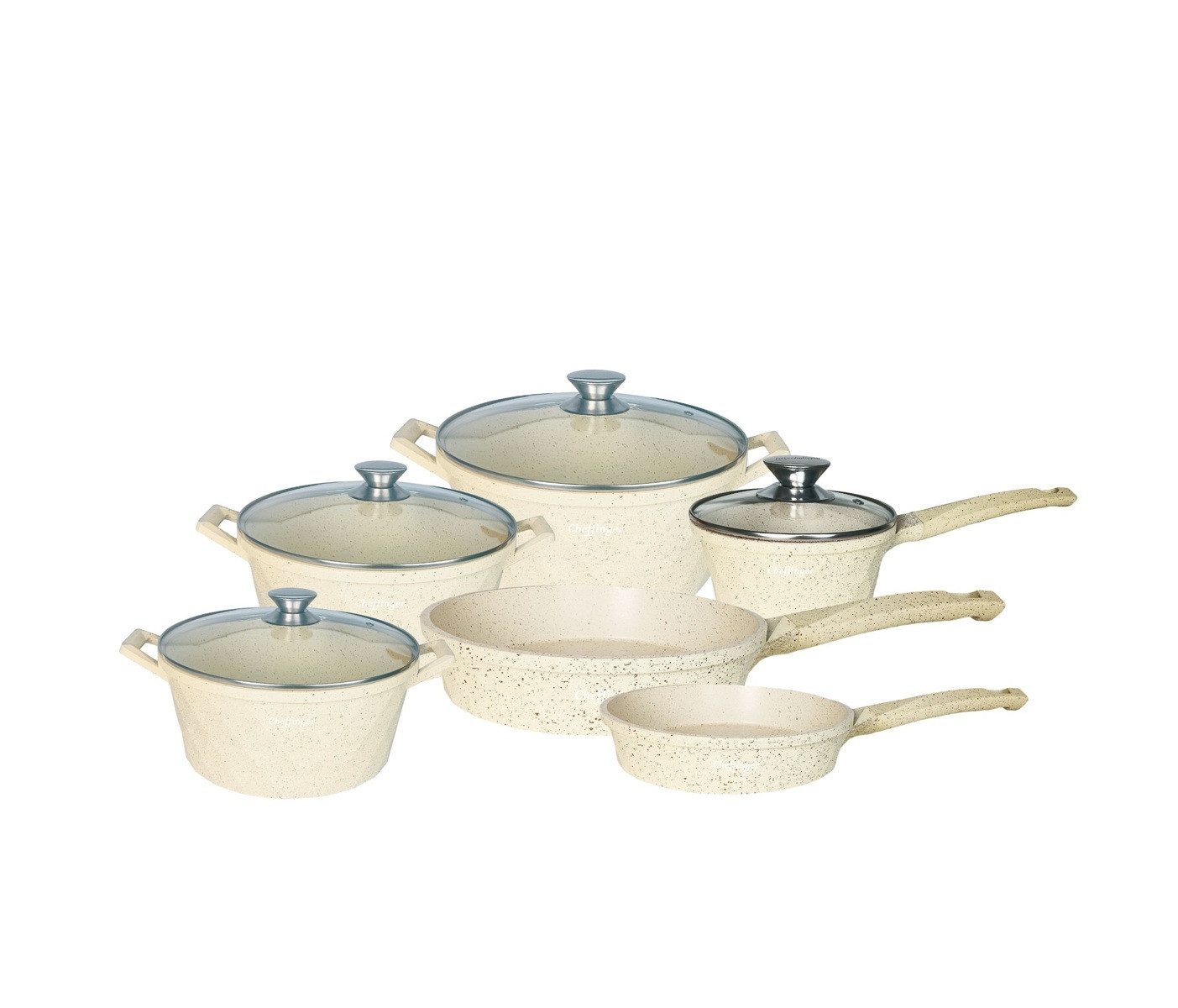 Cheffinger Topf-Set 12-tlg. mit Marmorbeschichtung – Für alle Herdarten inkl. Induktion, Aluminium (12-tlg), Induktionsgeeignet, 12-teiliges Set, Antihaftbeschichtet