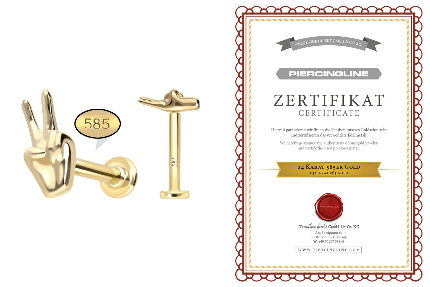 PIERCINGLINE Piercing-Set 14 Karat Gold Labret mit Push Fit PEACE-ZEICHEN (Labrets, 1-tlg)
