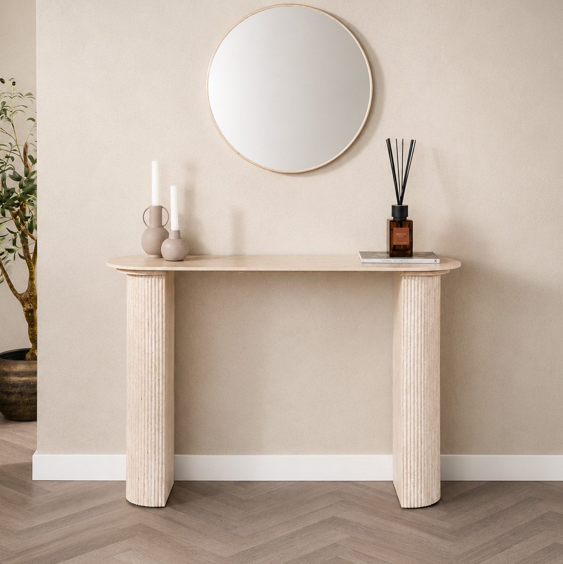 Maison ESTO Konsole VELANO Konsolentisch 120 cm Travertinoptik mit Keramikplatte Flurtisch, Organisch geformtes Säulengestell