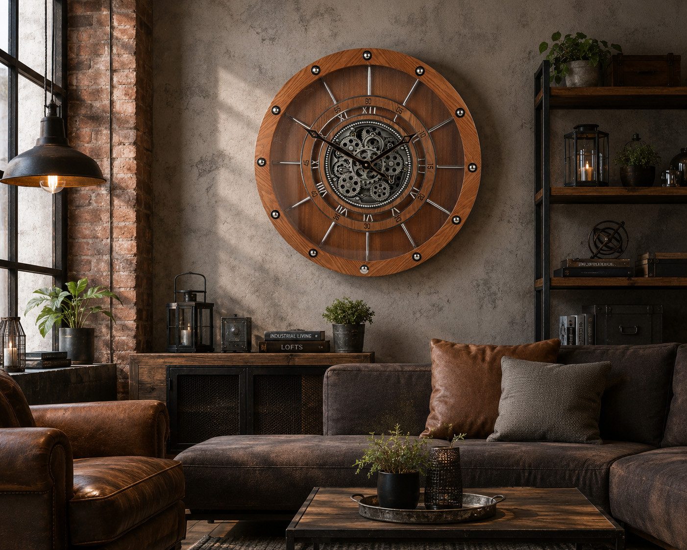 formano Wanduhr Wanduhr 60cm mit drehenden Zahnrädern Braun Industrial Stil Holz (Sichtbar bewegliche Zahnräder)