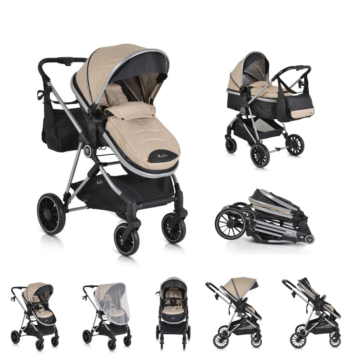 Moni Kombi-Kinderwagen Kinderwagen 2 in 1 Kali 22 kg, umbaubar, Korb, Getränkehalter, Tasche