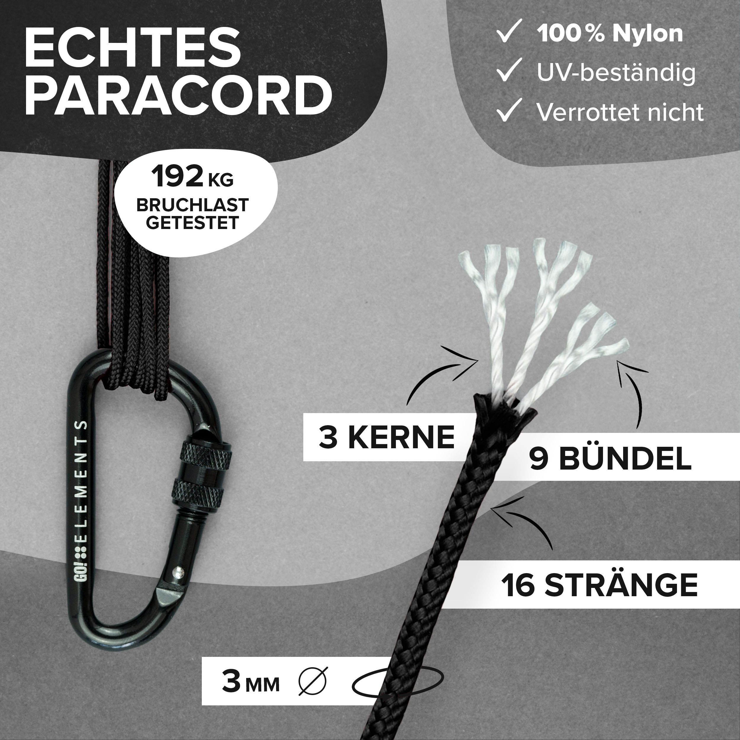 GO!elements Abspannleine Paracord 425 - 3mm, Paracord 425 aus reißfester Nylonschnur