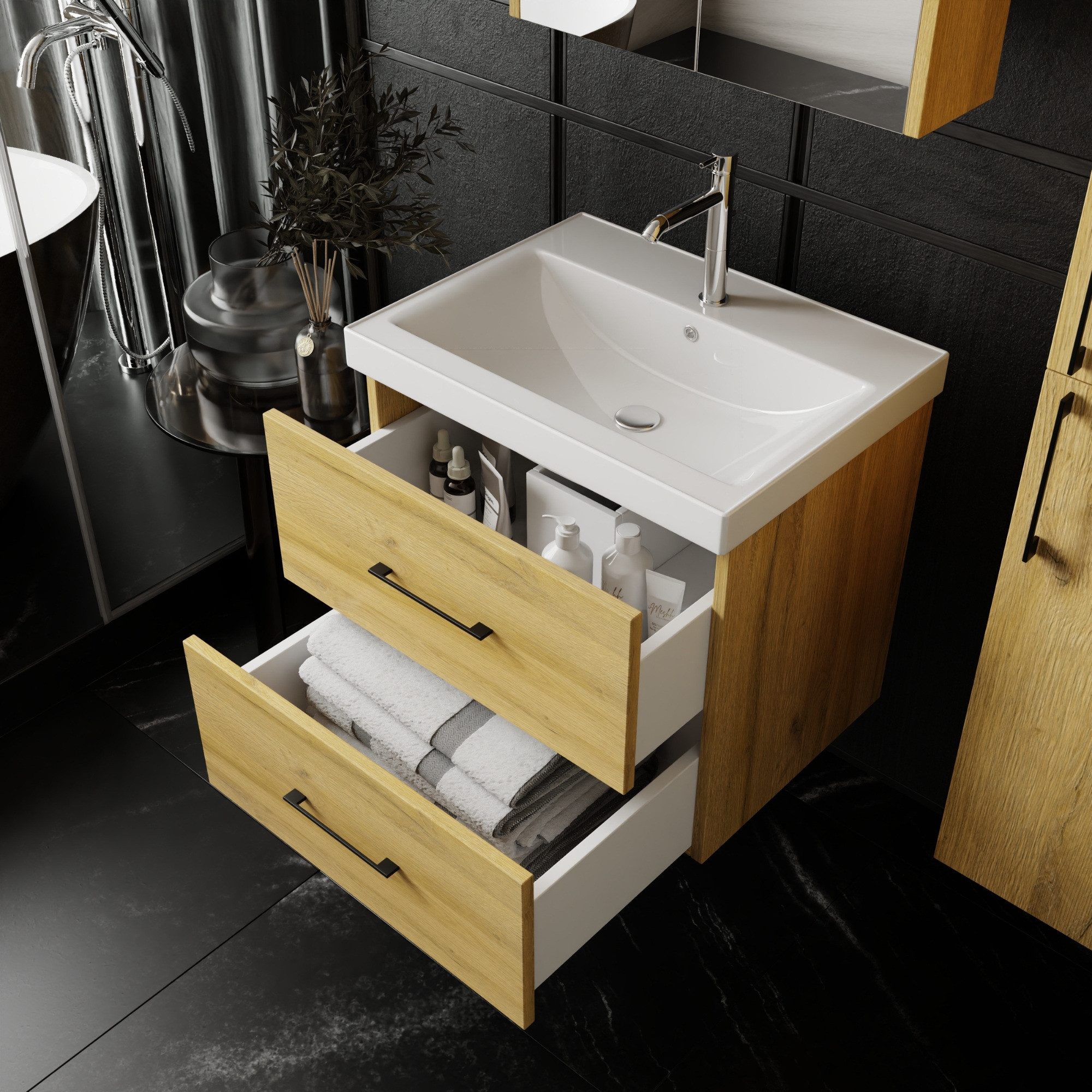 Karen Badmöbel-Set Badmöbel Set Verona, (Komplett-Set, Standartmäßig 3-Teilig (Unterschrank, Spiegelschrank, Waschbecken), 3-St., Der Lieferumfang umfasst Unterschrank, Spiegelschrank und Waschbecken), Holzfurnier, Bügelgriffe, Natürliches Design, Softclose