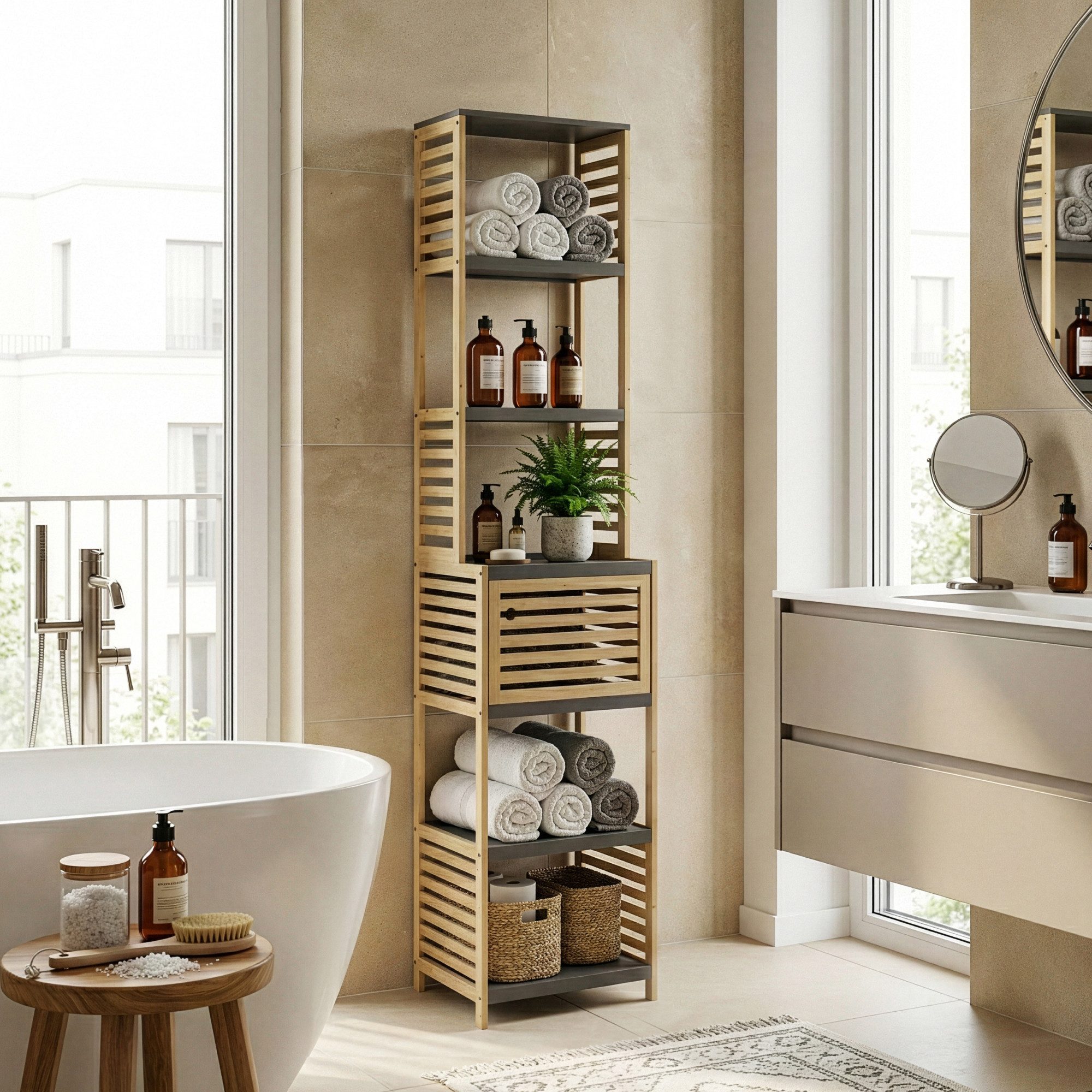 en.casa Badregal, »Kydesby« 170 x 39 x 30 cm 1 Tür 5 offene Fächer Bambus Natur/Grau