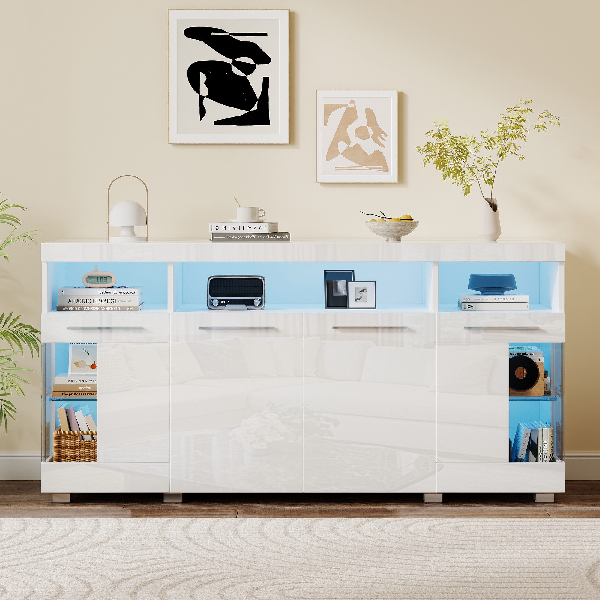 MODFU Sideboard im industriellen Stil (Beistelltisch Kommode, Anrichte, 1 St., 9 Fächern), mit LED Licht