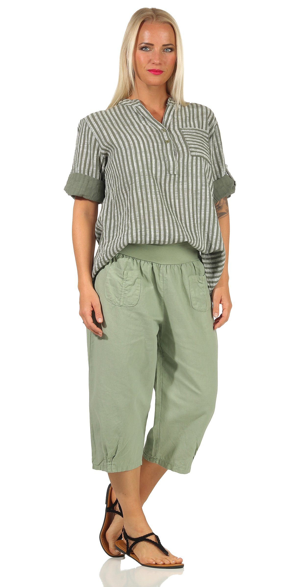 Aurela Damenmode Leinenhose Leinenhose Damen kurze Sommerhose Leinen Bermuda elastischer Gummizug, modische Sommer Farben, auch in großen Größen erhältlich Khaki