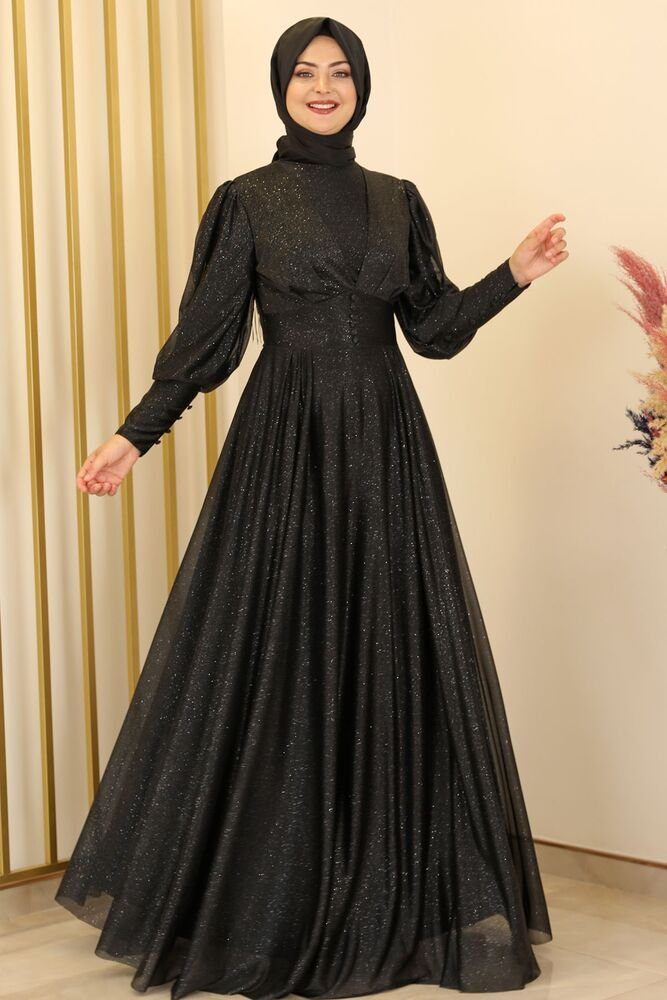 Schwarz Tüllkleid Abaya Abendkleid Abiye Damen silbrigem Fashion Modest Hijab aus Modavitrini Tüllstoff Kleid