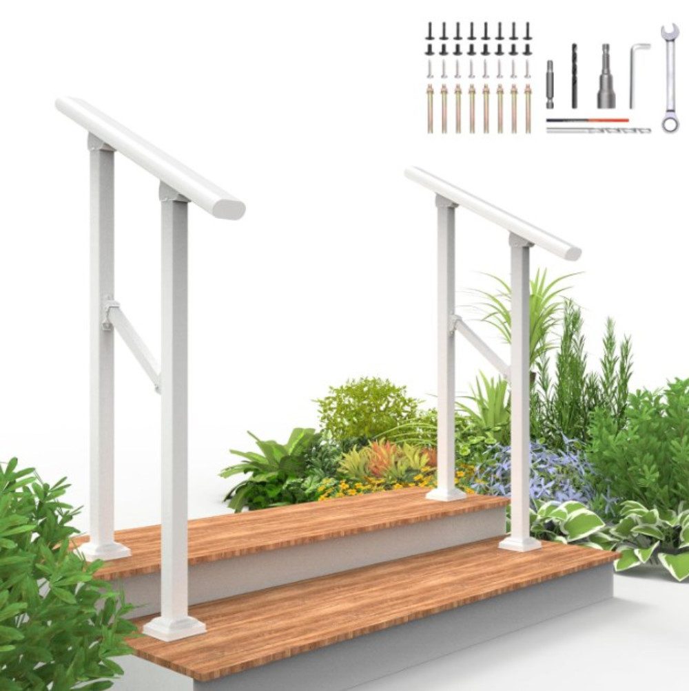 GarveeMore Treppengeländer Stabile Treppenhandläufe aus Aluminium & Eisen mit 2 Stufen, 90 cm Höhe, mit 2 Pfosten, 2-tlg., mit verstellbarer Höhe & Winkel, inkl. Befestigungsmaterial