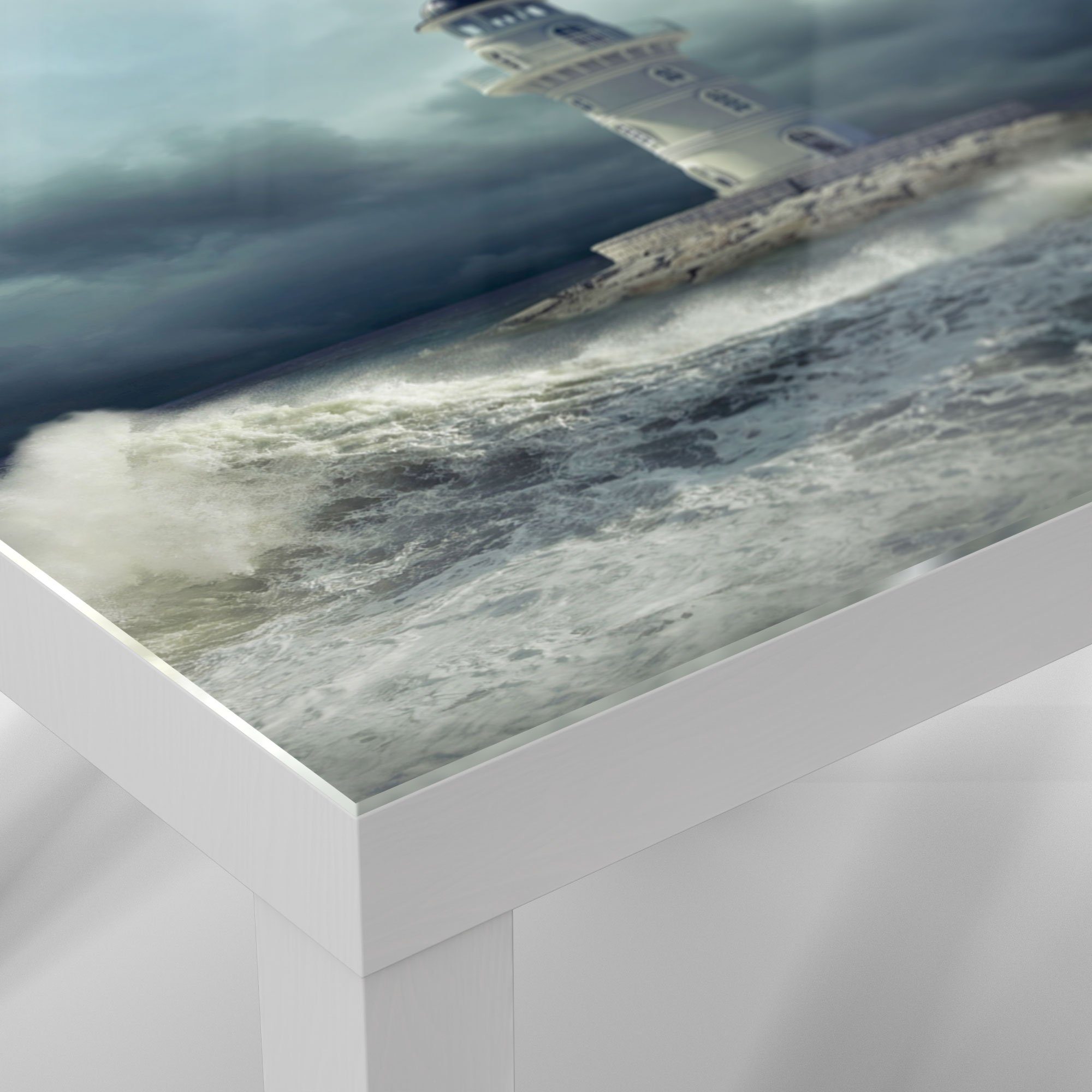 DEQORI Couchtisch 'Leuchtturm Sturm', Weiß Glastisch Beistelltisch Glas im modern
