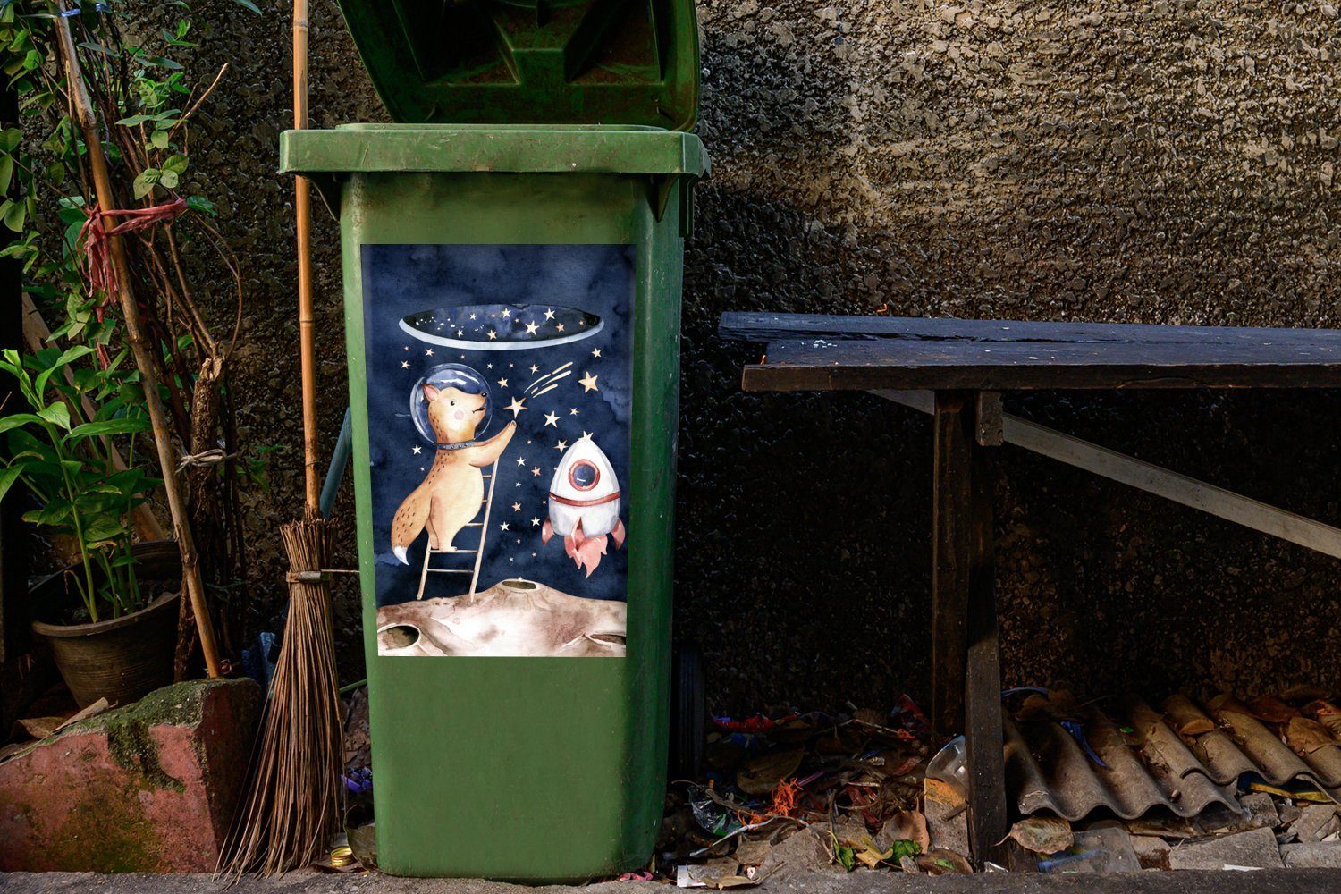 Wandsticker - Sticker, St), Fuchs - (1 Abfalbehälter Container, - Weltraum Jungen Kind Mülleimer-aufkleber, MuchoWow - Mädchen - Mülltonne, Rakete