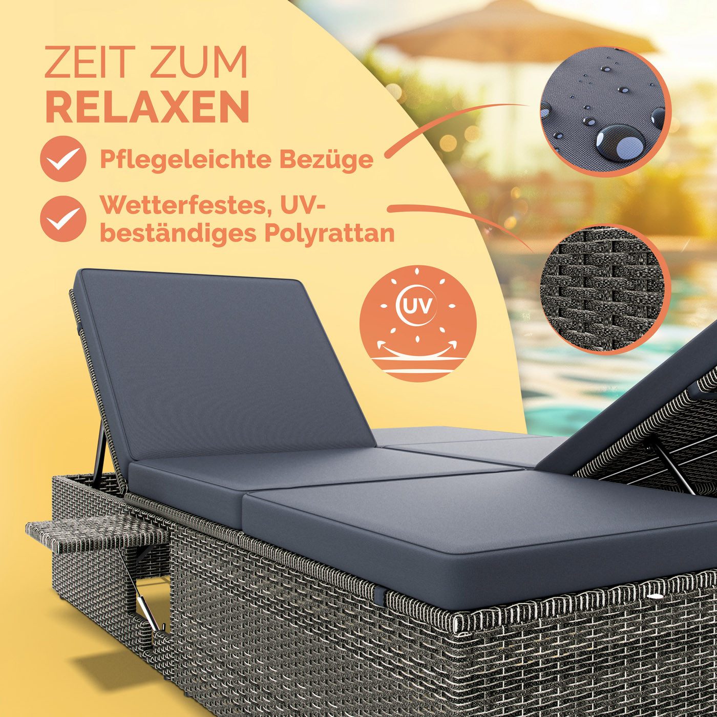 Casaria Gartenliege, Doppelliege Klapptisch Wetterfest 7-fach Höhenverstell günstig online kaufen