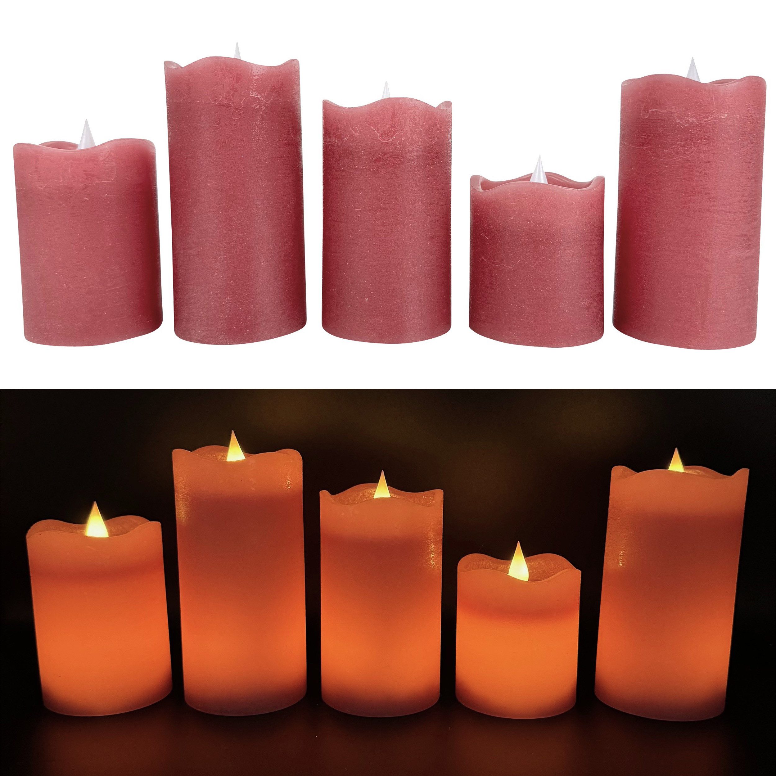 Online-Fuchs LED-Kerze 5 LED-Kerzen aus Echtwachs mit 6-Stunden Timer (realistische Kerzenflamme, Rot, Weiß, Creme, Grün, Altrosa, Lila, Orange), ruhiges Standlicht oder natürliches Flackern - Long Shine Funktion!