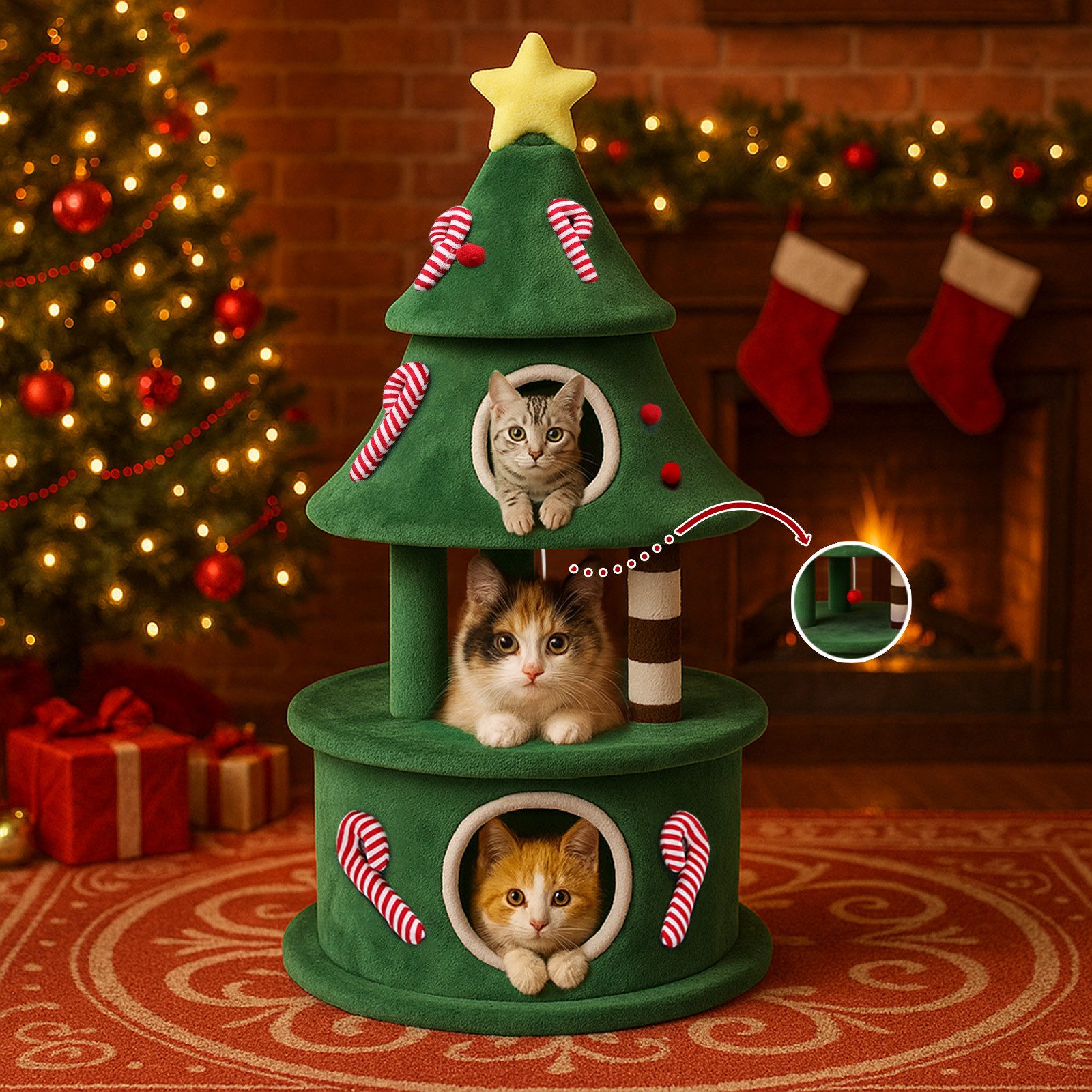 COMHOMA Kratzbaum 135 cm hoch im Weihnachtsbaum-Design, mehrstöckiger Katzenbaum, mit Katzenhaus, Plattformen & Spielbällen, stabiler Kletterbaum