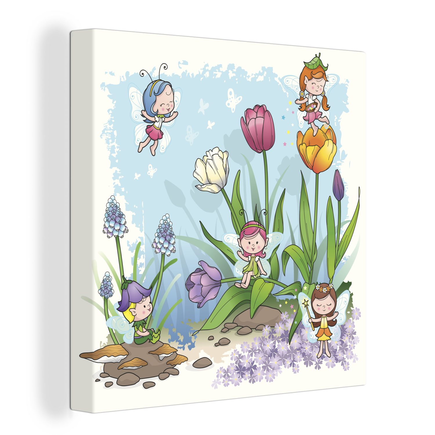 OneMillionCanvasses® Leinwandbild Eine Illustration von Feen in ihrer Märchenwelt mit Tulpen, (1 St), Leinwand Bilder für Wohnzimmer Schlafzimmer