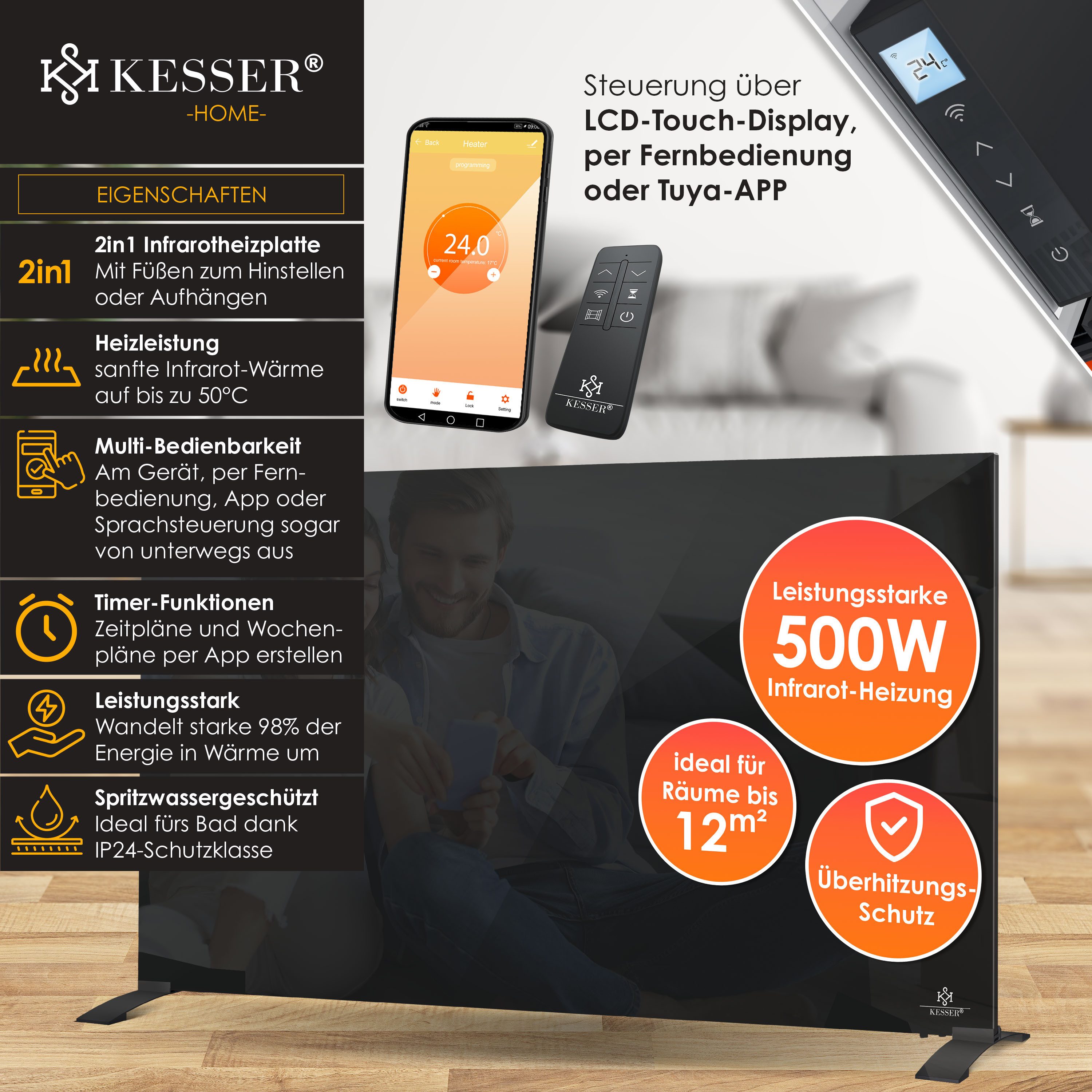 KESSER Paneelheizkörper, Infrarotheizung Glaskonvektor Glasheizung Effizient