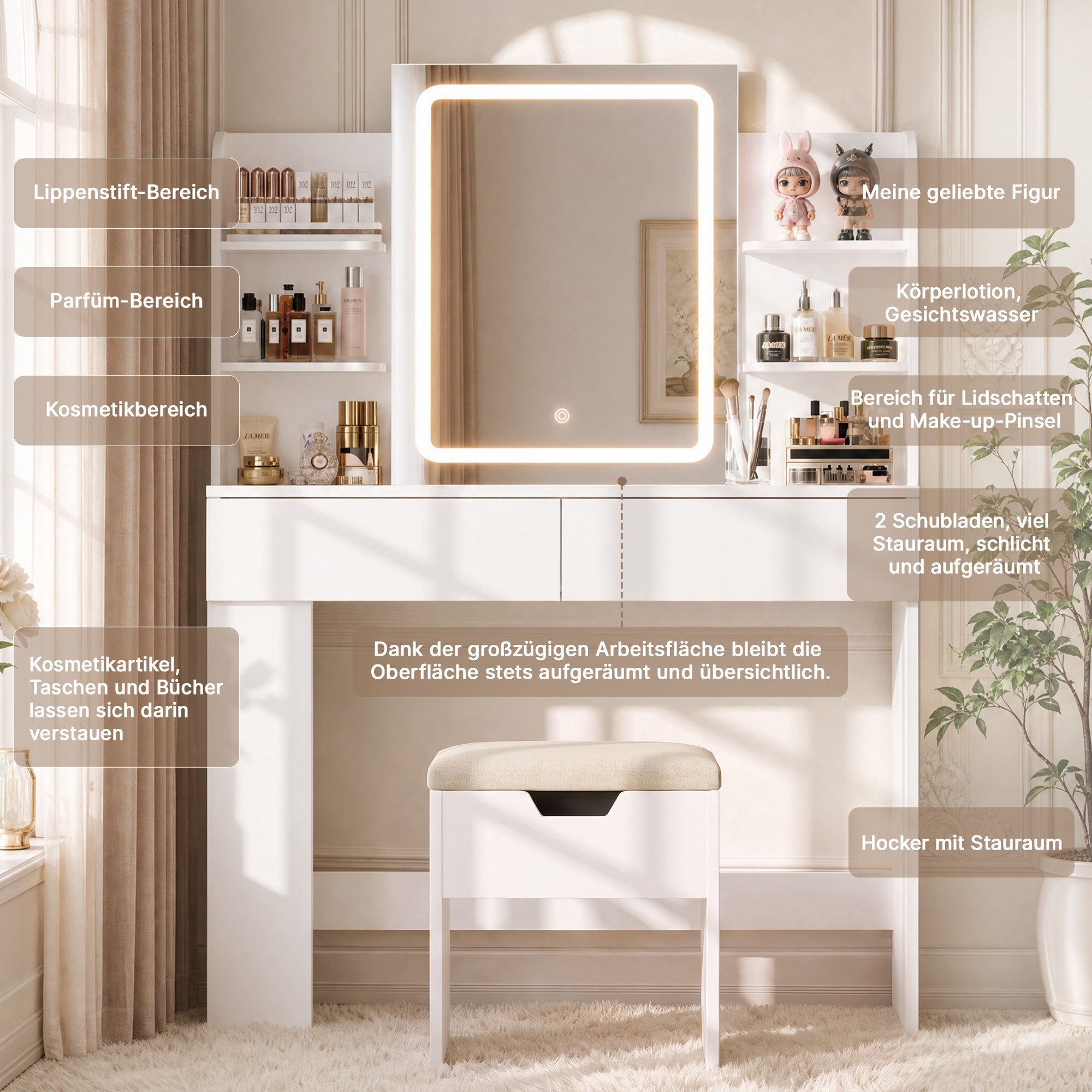 HOMALL Schminktisch mit Spiegel, LED-Beleuchtung, einstellbare Helligkeit, ostern (Langex Brete x Hthe) 90/110 x 40x 135 cm. B ofene Facher (2 seitiche Facher s – Bild 5 von 5