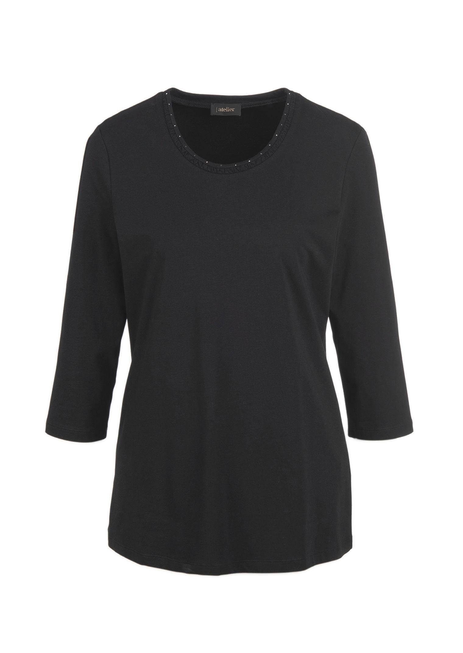 GOLDNER 3/4-Arm-Shirt Baumwollshirt mit Schmucksteinen Baumwollshirt mit Rundhalsausschnitt und 3/4-Arm