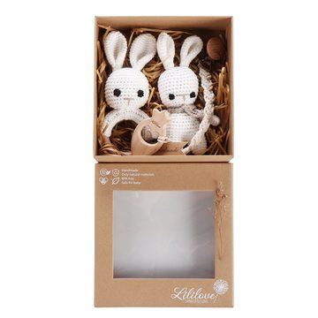 Lililove Geschenkset Neugeborenen-Geschenkset Buddy Bunny Giftset, white, 3-teilig (Geschenkset, Rassel set, Giftset, Geburtsgeschenkset, Geschenkset Baby, New born Erstsusstattung) Geschenkset 3-teilig, Bio-Baumwolle, nachhaltig, von Hand gehäkelt