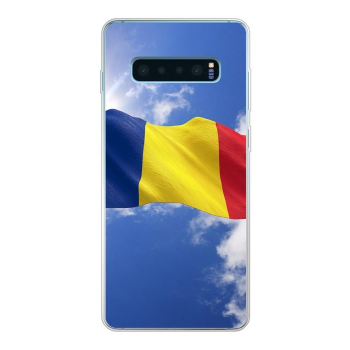 MuchoWow Handyhülle Rumäniens Flagge weht am Himmel Phone Case Handyhülle Samsung Galaxy S10+ Silikon Schutzhülle