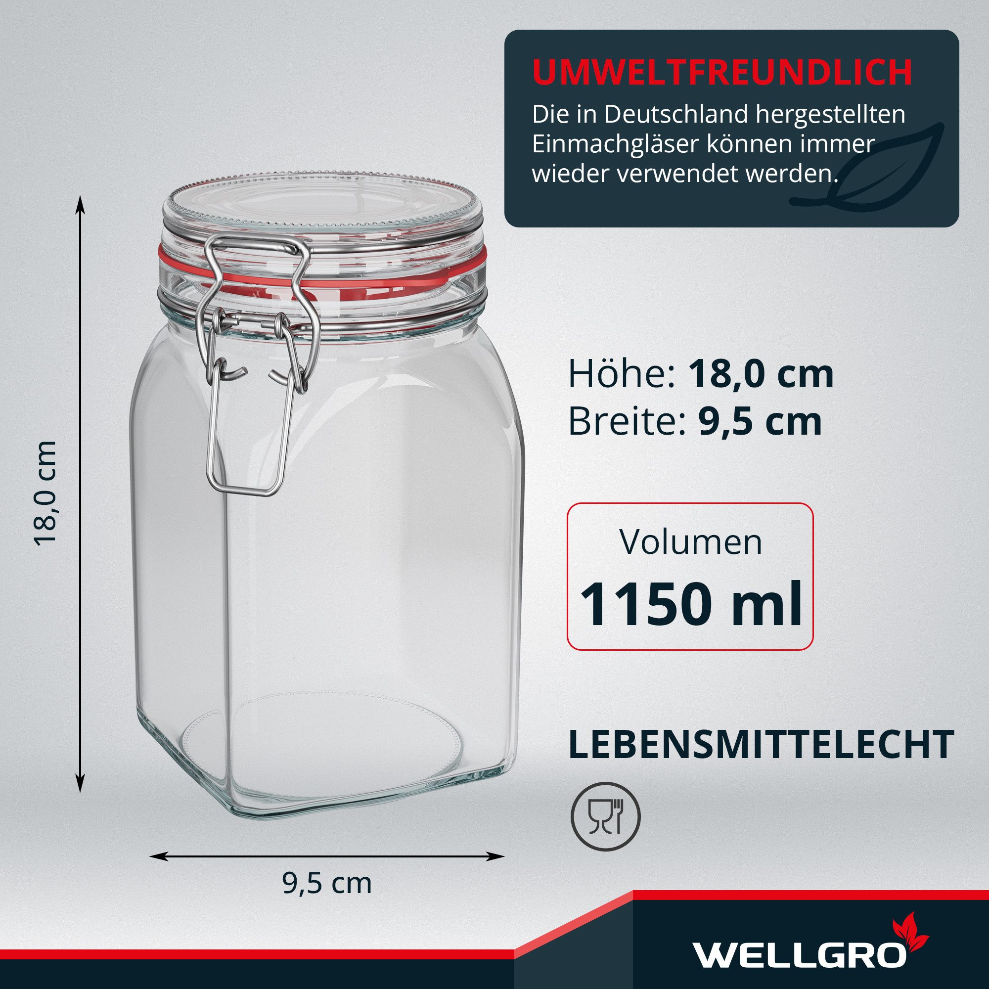 Wellgro Vorratsglas Einmachgläser mit Bügelverschluss eckig, Fermentierglas, (6-tlg)