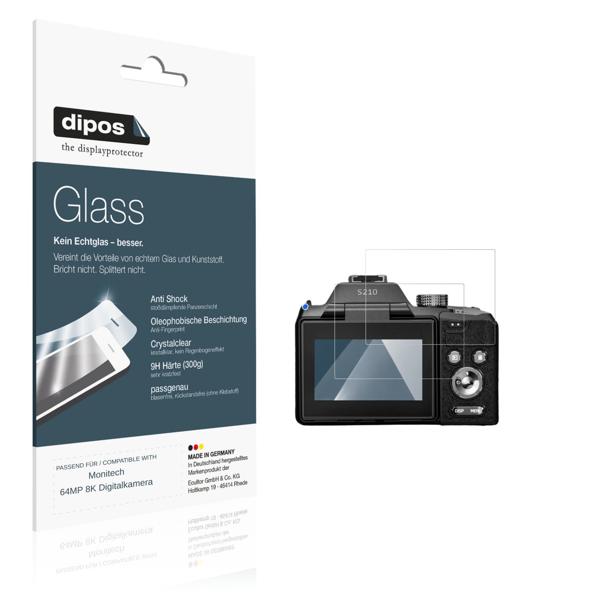 dipos Displayschutzfolie Schutzfolie für Monitech 64MP 8K Digitalkamera, 2 Stück, Displayschutz Schutz Folie Made in Germany