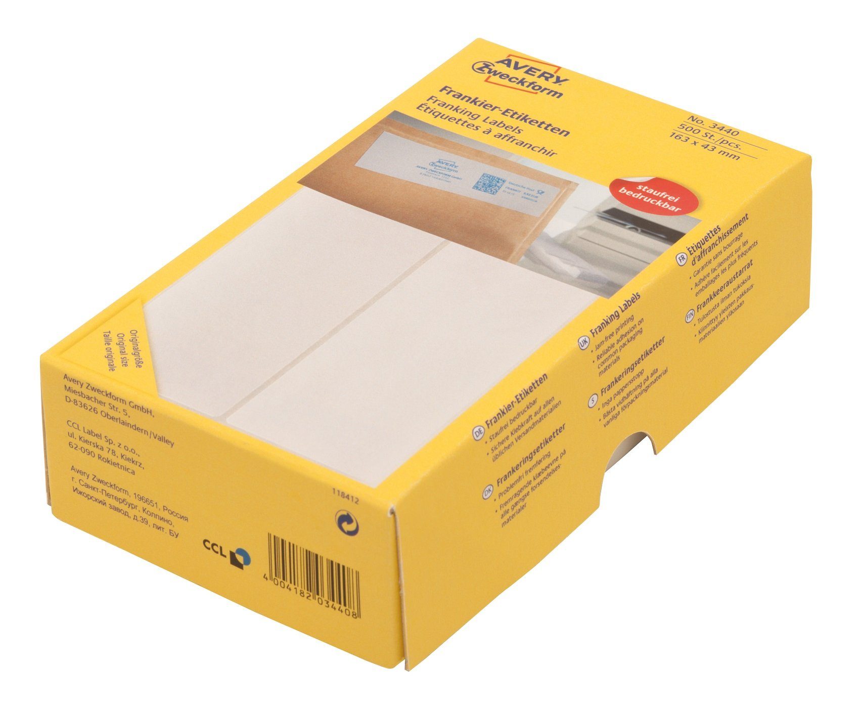 Avery Zweckform Etiketten 500 weiße permanente Frankier-Etiketten 16,3x4,3cm, Permanente Hafteigenschaft