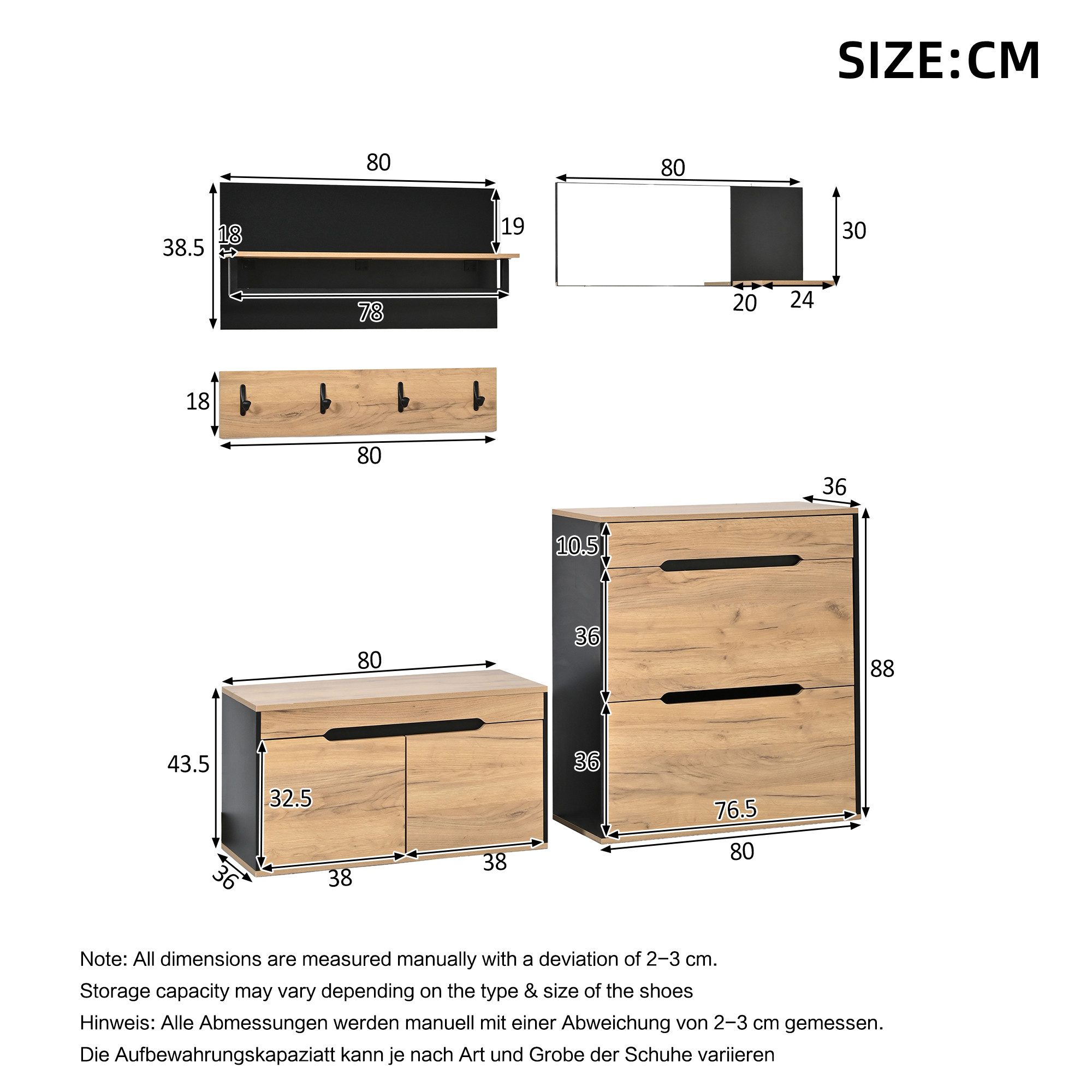 KLAM HOME Garderoben-Set Modulares Garderoben-Set Schwarz-Holzoptik mit Spiegel & Schuhbank, (Kombinierbare multifunktionale Flurgarderobe mit 2 Klapp-Schuhschränken), Komplette Eingangsgarderobe 156x36x176cm aus MDF und Spanplatten
