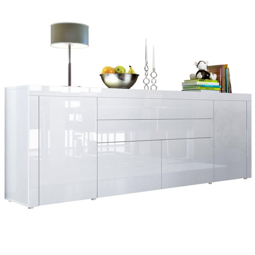 Vladon Sideboard La Paz V2 (Kommode, mit 2 Türen, 2 Schubkästen und 2 Klappen), Weiß Hochglanz/Weiß Hochglanz (200 x 72 x 35 cm)