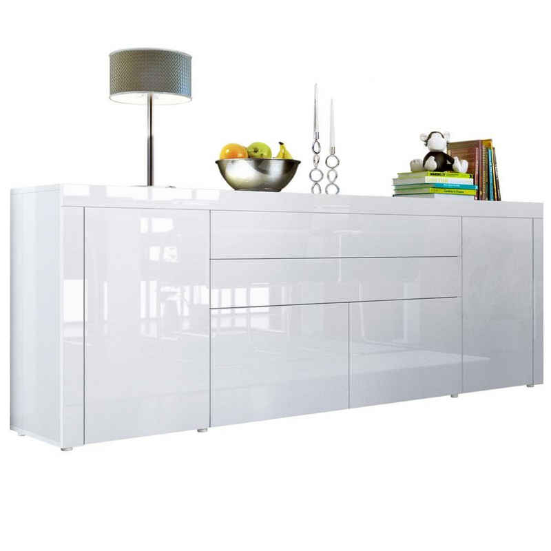 Vladon Sideboard La Paz (Kommode, mit 2 Türen, 2 Schubkästen und 2 Klappen), Weiß Hochglanz/Weiß Hochglanz (200 x 72 x 35 cm)