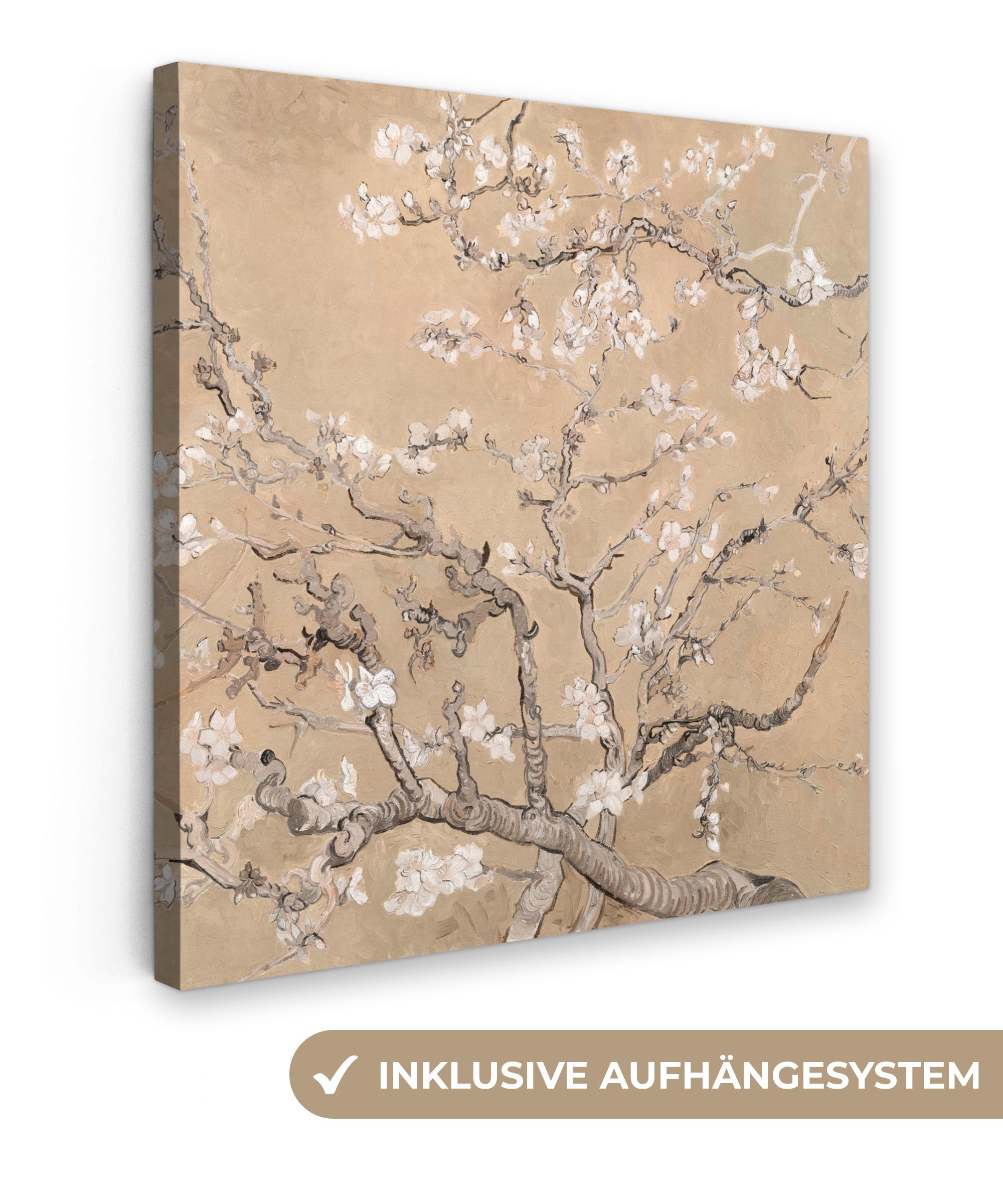 für Bilder Kunst Leinwand Mandelblüte Schlafzimmer, - Gogh 20x20 cm Van Beige, - (1 St), OneMillionCanvasses® Wohnzimmer - Leinwandbild