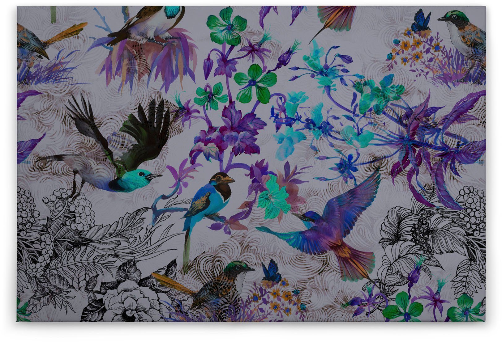 funky Bild blau, St), mit A.S. birds, grau lila, (1 Floral Leinwandbild Vögel Vögel Création Keilrahmen