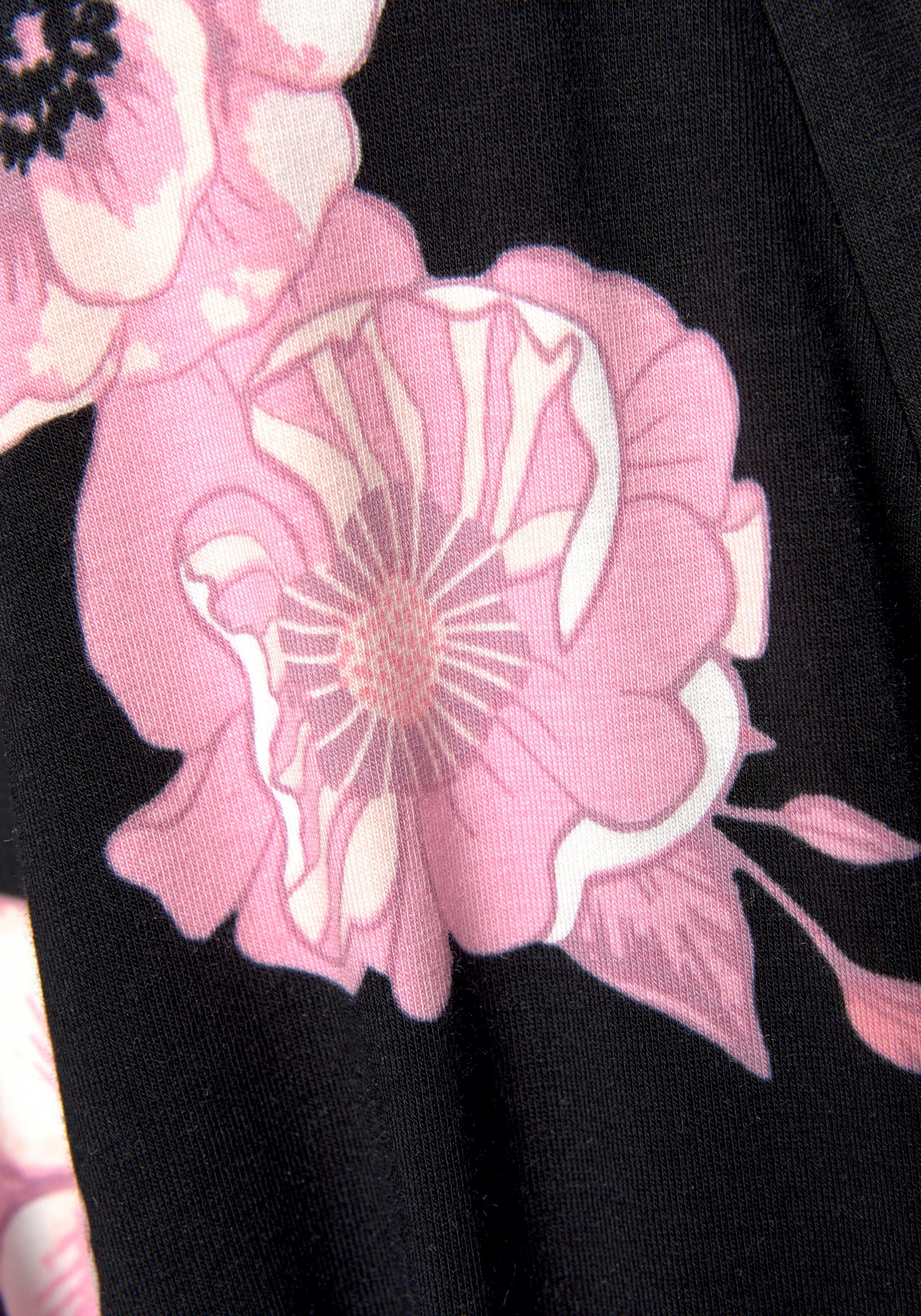 und mit Kimono, Ärmeln Bindeband LASCANA Baumwoll-Mix, Gürtel, rosa-schwarz-gemustert weiten Kurzform,