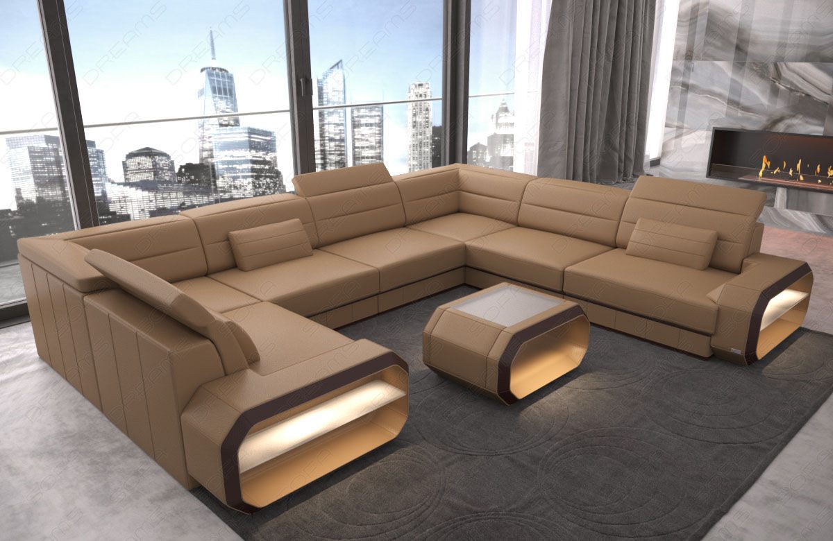 Sofa Dreams Wohnlandschaft Ledersofa Verona U Form Mini, Designersofa, Sofa mit Licht und USB