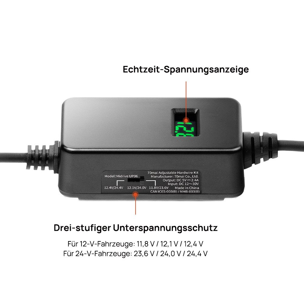 70mai Einstellbares Hardwire Kit UP06 für Dashcam (für 70mai Dashcam 4K Omni X800, M310, A510, A810, A800SE, T800)