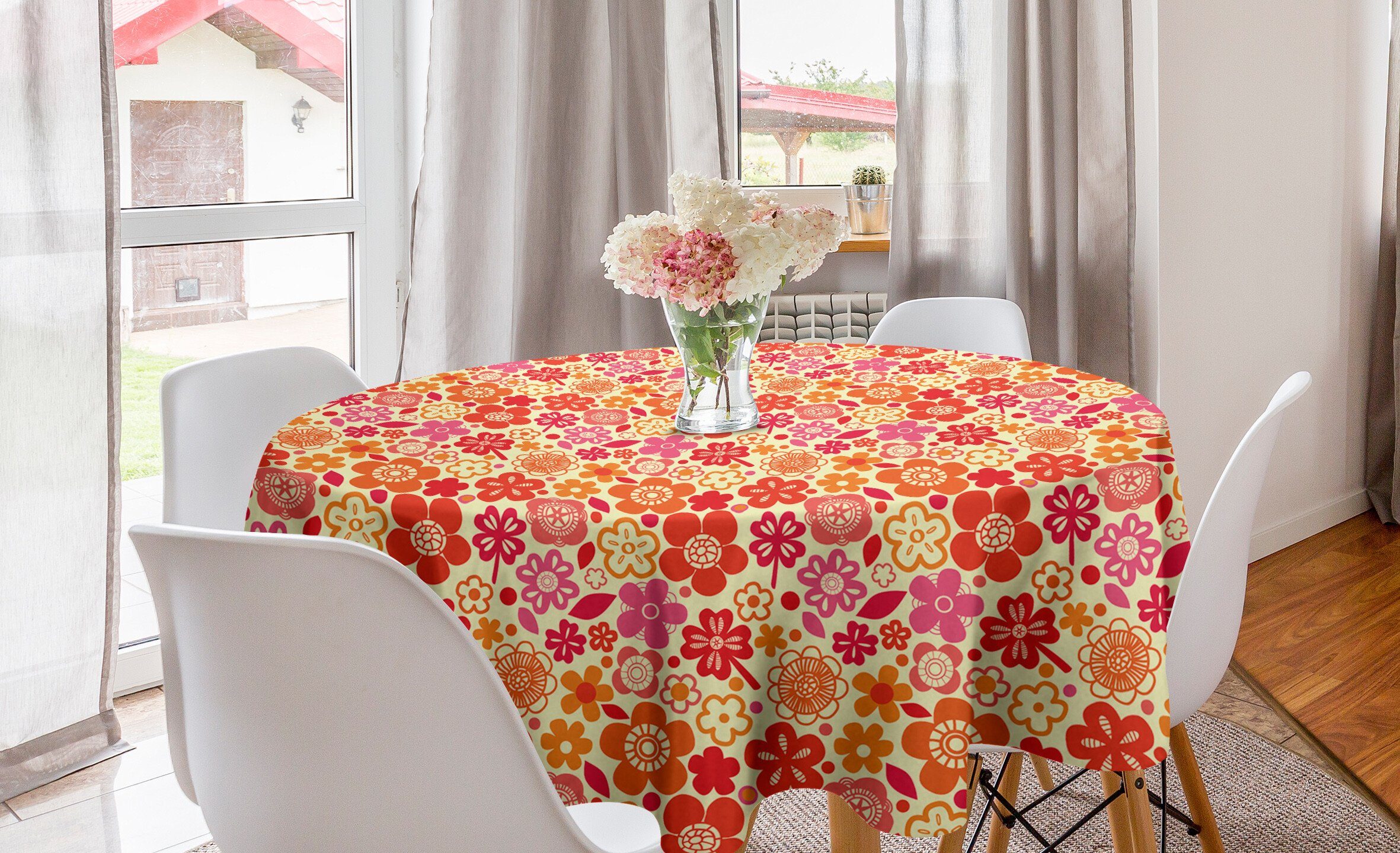 Abakuhaus Tischdecke Kreis Tischdecke Abdeckung für Esszimmer Küche Dekoration, Blumen Grafische Blüten und Blätter