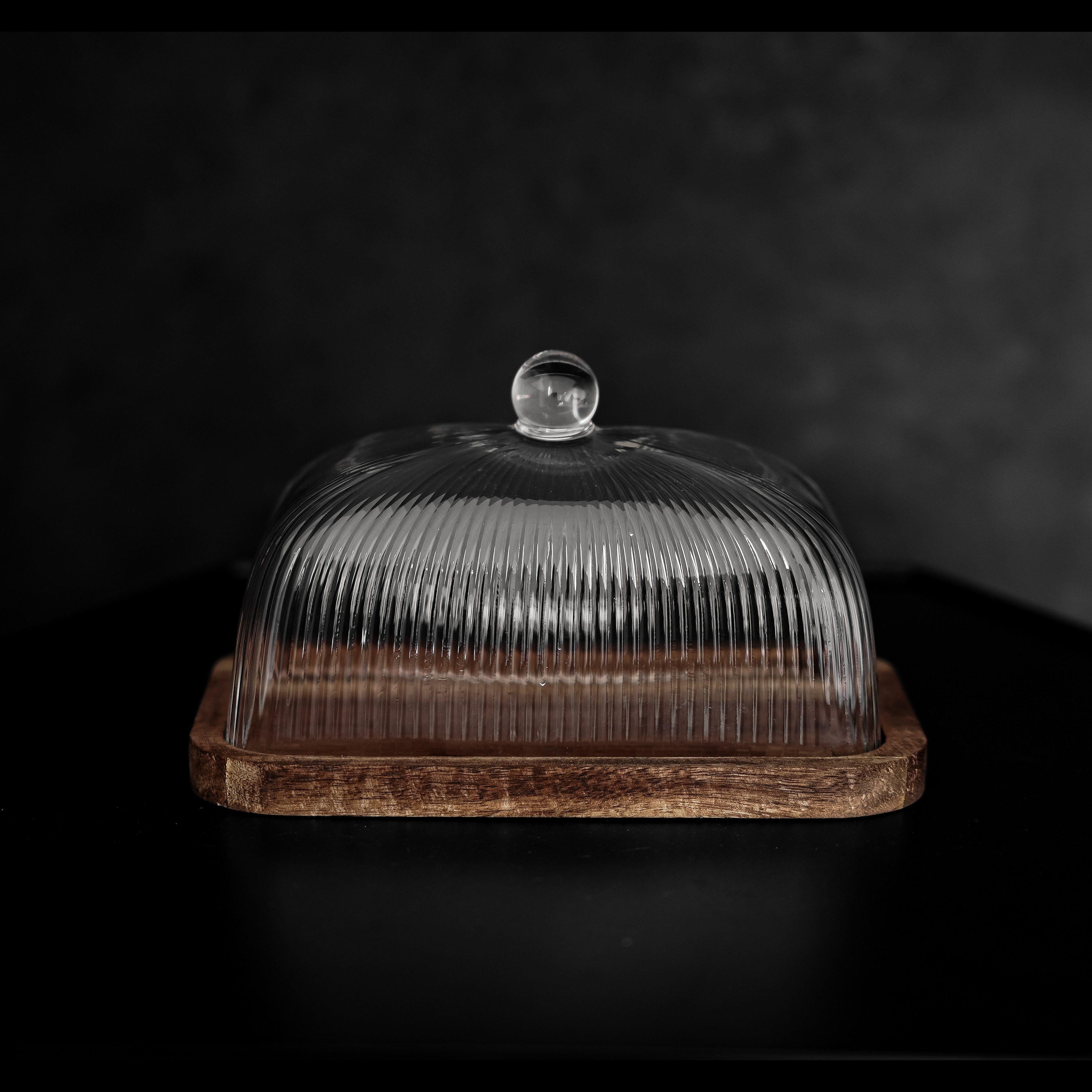 Mulex Butterdose, Glas, Holz, (1-tlg), mit Glasdeckel & Holzplatte, 16 x 10 x 10 cm