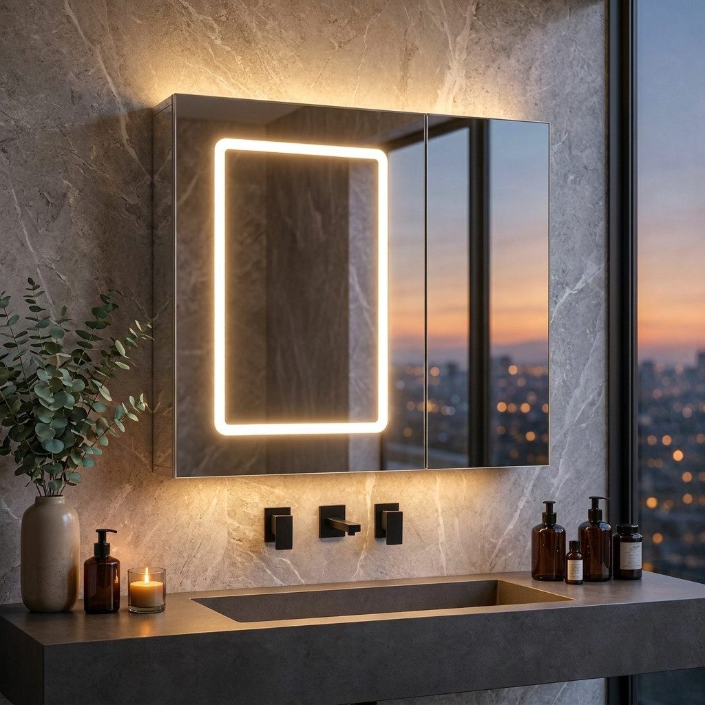 PXloue Badezimmerspiegelschrank mit licht Spiegelschrank bad mit beleuchtung (Einstellung der warmen und kalten Farbtemperatur 3000/4500/6400K) inkl. LED-Beleuchtung, Stecker, Touchschalter, Beschlagfrei