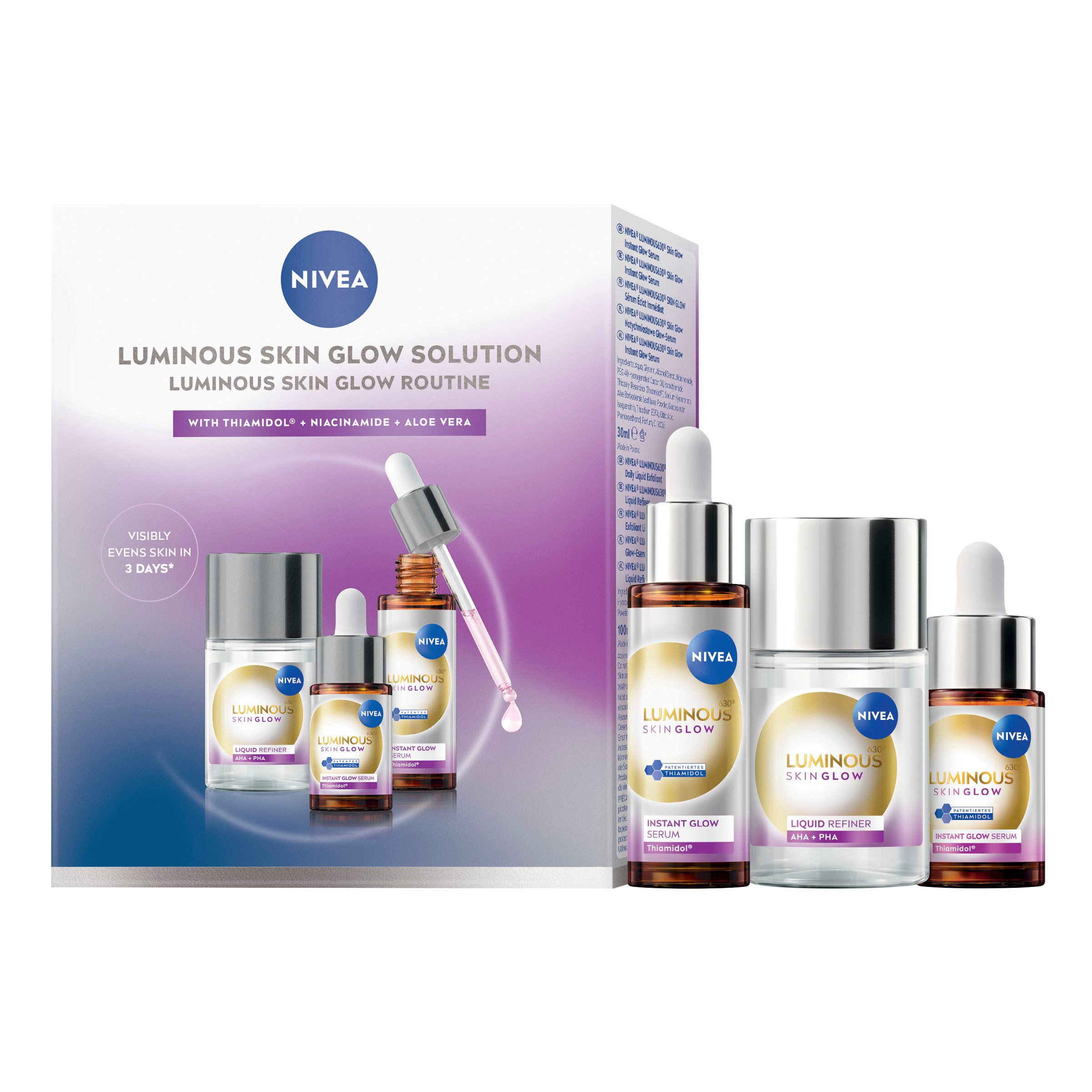 Nivea Gesichtspflege-Set NIVEA LUMINOUS630® Skin Glow Routine Set Set, 3-tlg., mit Skin Glow Liquid Refiner und Skin Glow Instant Glow Serum