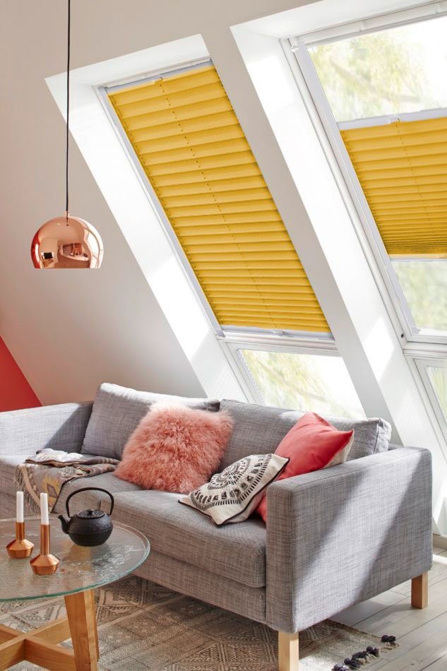 Dachfensterplissee Young Style Energy Energiespareffekt, mit Führungsschienen senfgelb verschraubt, mit verspannt, abdunkelnd, sunlines, Saving
