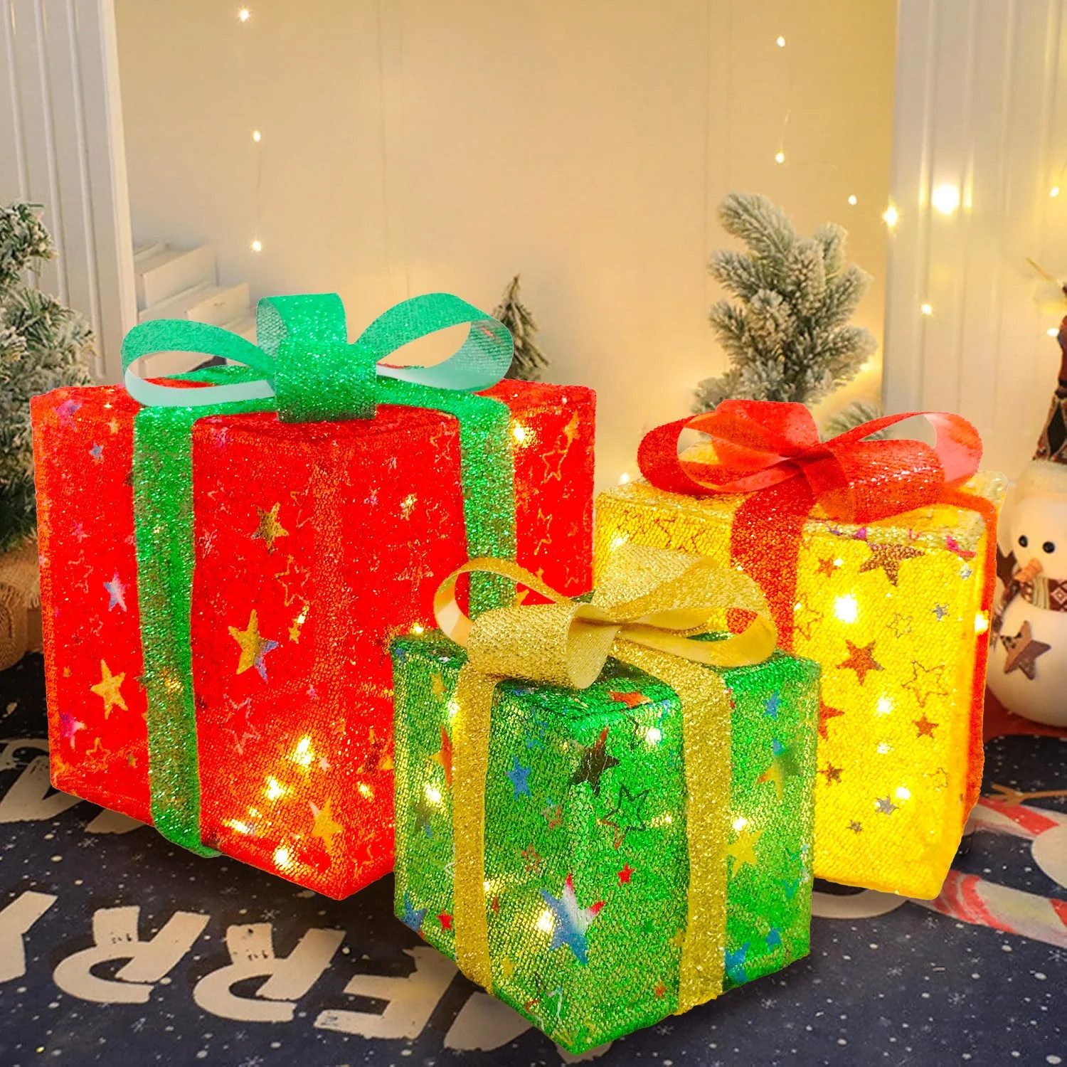 Jibenhome LED Dekolicht Weihnachtenbox LED Beleuchtete Geschenkbox 3er Set,mit Timer, LED fest integriert, Für den Weihnachtsbaum, zu Hause, in Geschäften, Büros und Restaurants