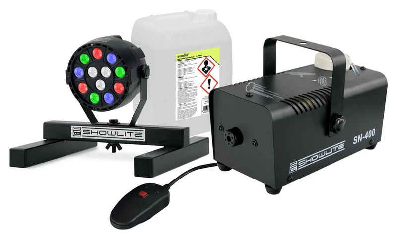 Showlite Discolicht SN-400 Nebelmaschine mit Licht und 5 Liter Fluid, Smoke Machine, LED fest integriert, RGBW, inkl. Smart Party Spot Scheinwerfer und Bodenstativ