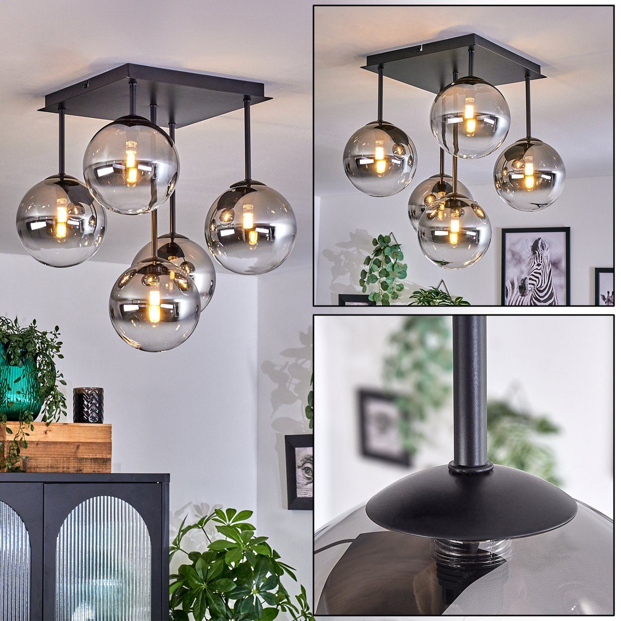 hofstein Deckenleuchte Deckenlampe aus Metall/Glas in Schwarz/Rauchfarben/Klar, ohne Leuchtmittel, Leuchte im Retro-Design aus Glas, 5 x G9 LED, ohne Leuchtmittel