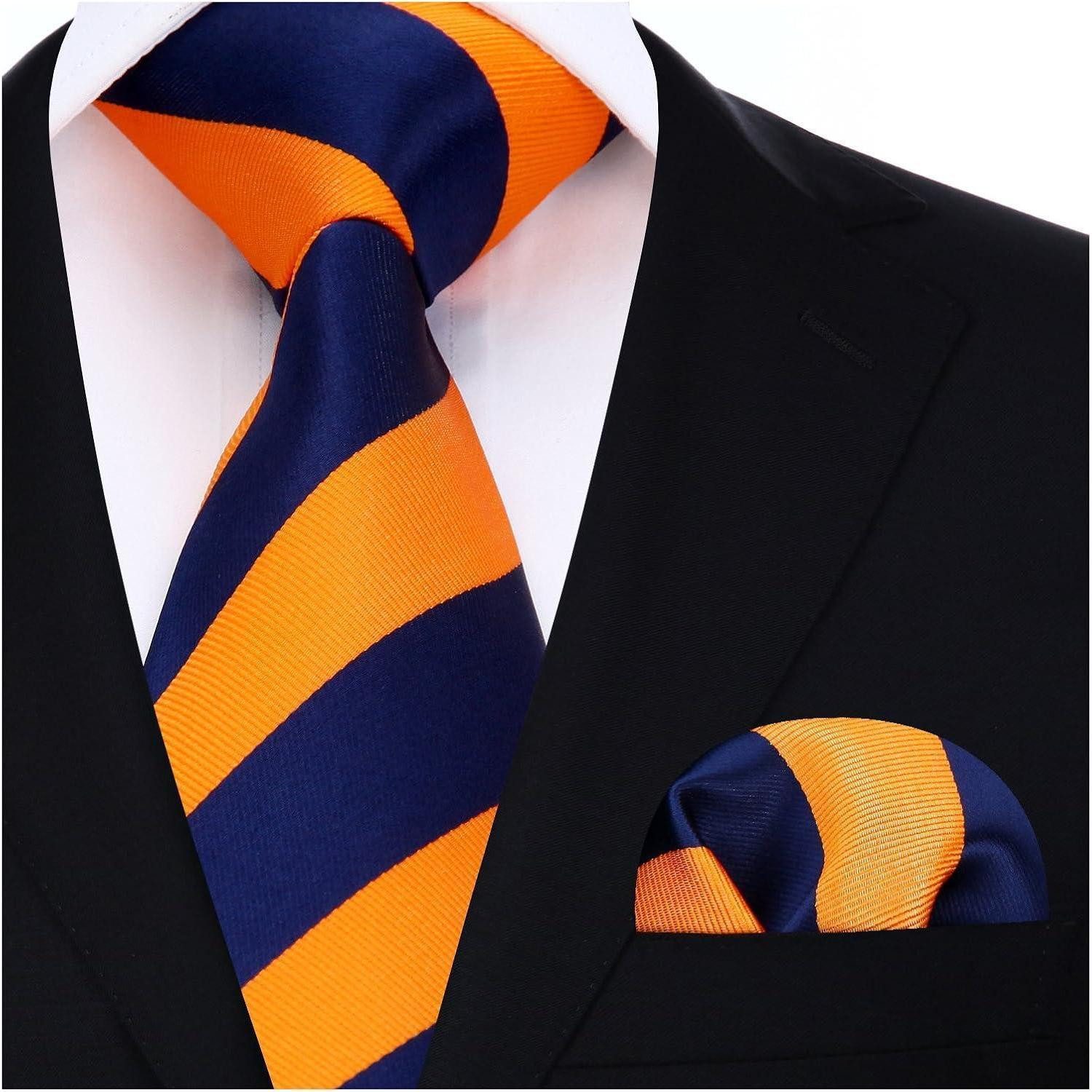 LuxusKollektion Krawatte Krawatte Einstecktuch Set Herren Hochzeit Marineblau und Orange