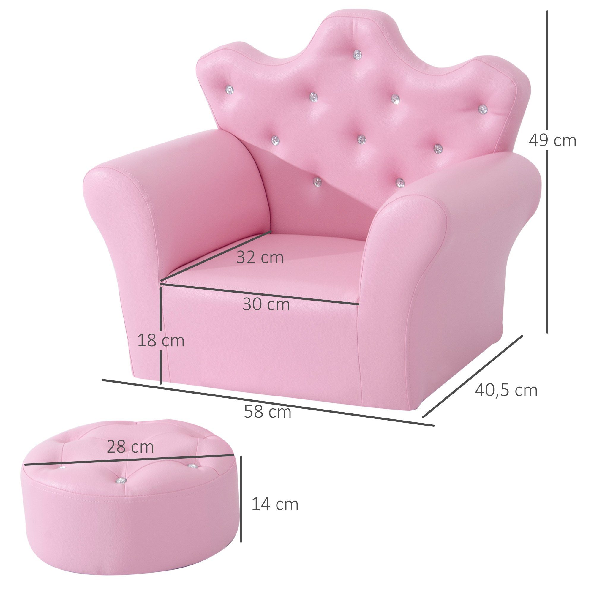 HOMCOM Sessel Kindersofa mit Ottomane Prinzessinnen (Prinzessinnen Sofa, 1-St., Kindersofa), Rosa 58 x 40.5 x 49 cm