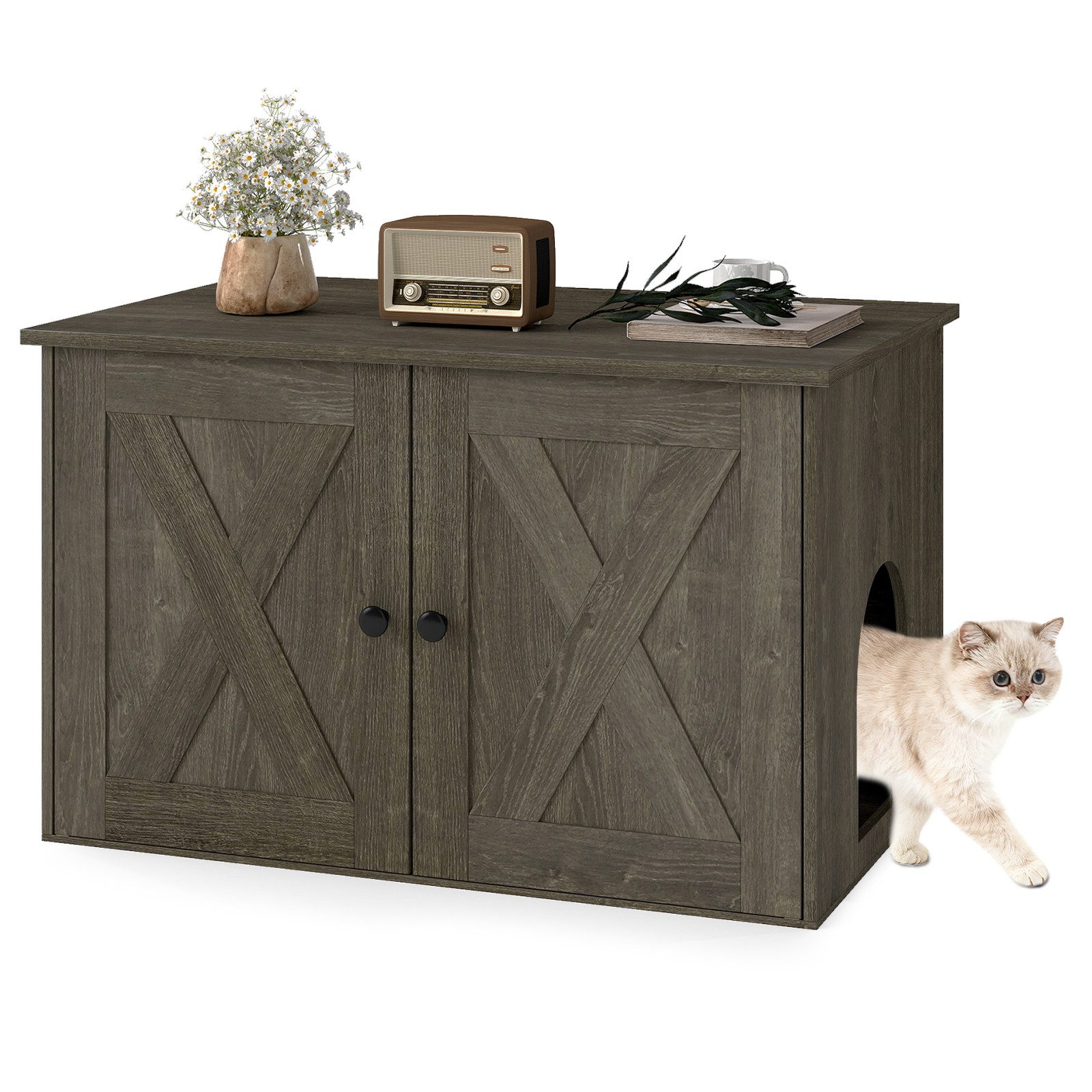 COSTWAY Tierhaus Katzenhaus mit 2 Türen & Eingang, Katzentoilette versteckt, Beistelltisch, Katzenkommode
