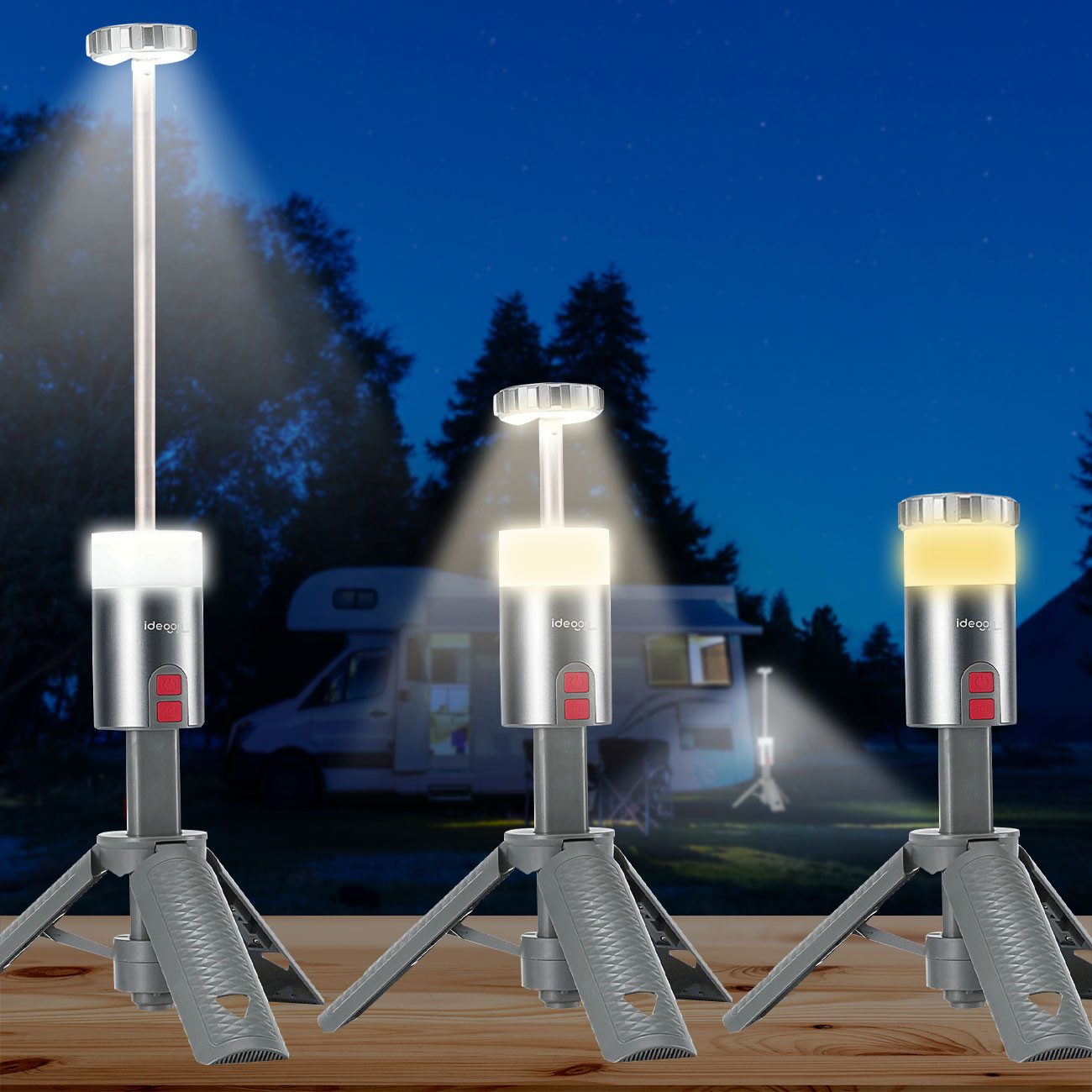shop'n smile ideoon LED Baustrahler Outdoor Mobiler Akku Strahler mit Stativ dimmbar RGB 180° schwenkbar, LED, Akku 6000mAh, Stativ 32–115 cm, Powerbank, Aufstell-&Hängefunktion