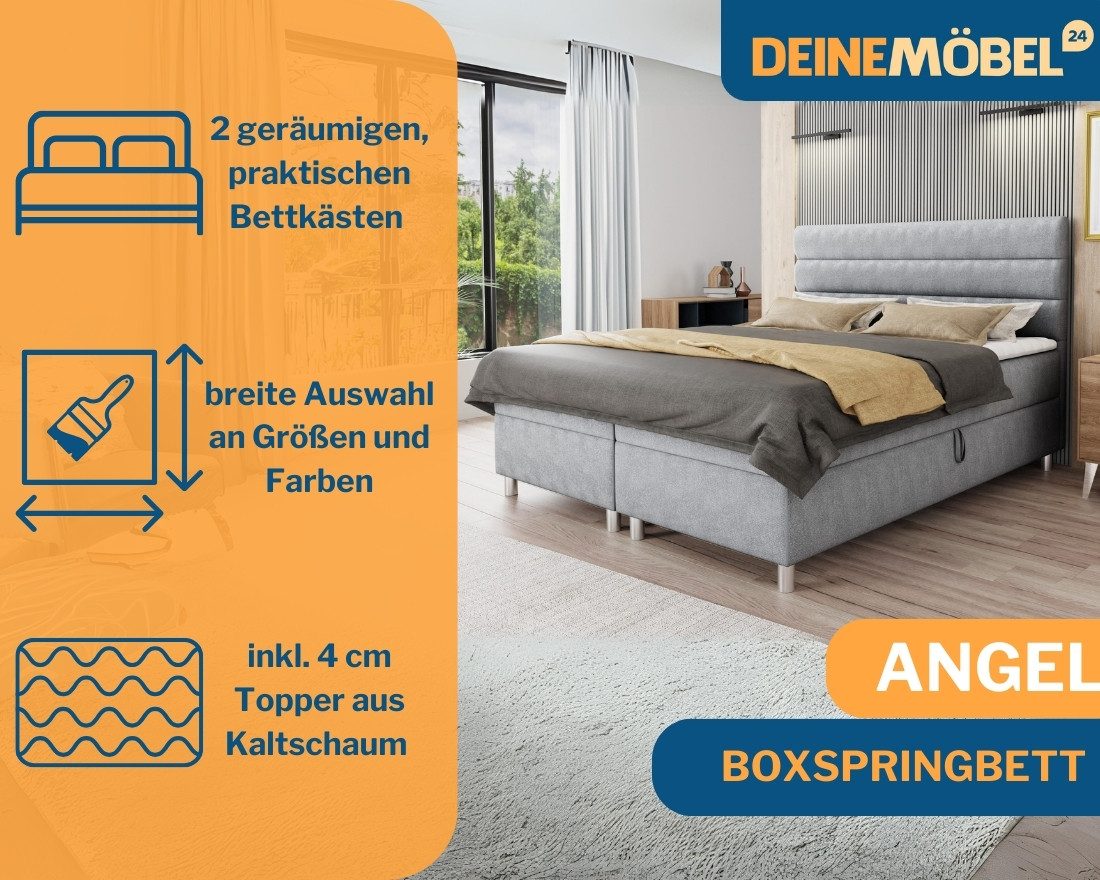 Deine Möbel 24 Boxspringbett ANGEL 120x200 140x200 160x200 180x200 200x200 (inkl. Bonellfederkernmatratzen H3 Taschenfederkernmatratzen H4 Matratzen H3 H4 zur Auswahl, Bett mit Matratzen, Topper und zwei Bettkästen), mit Topper und Bettkästen, Komplettbett Polsterbett Hotelbett