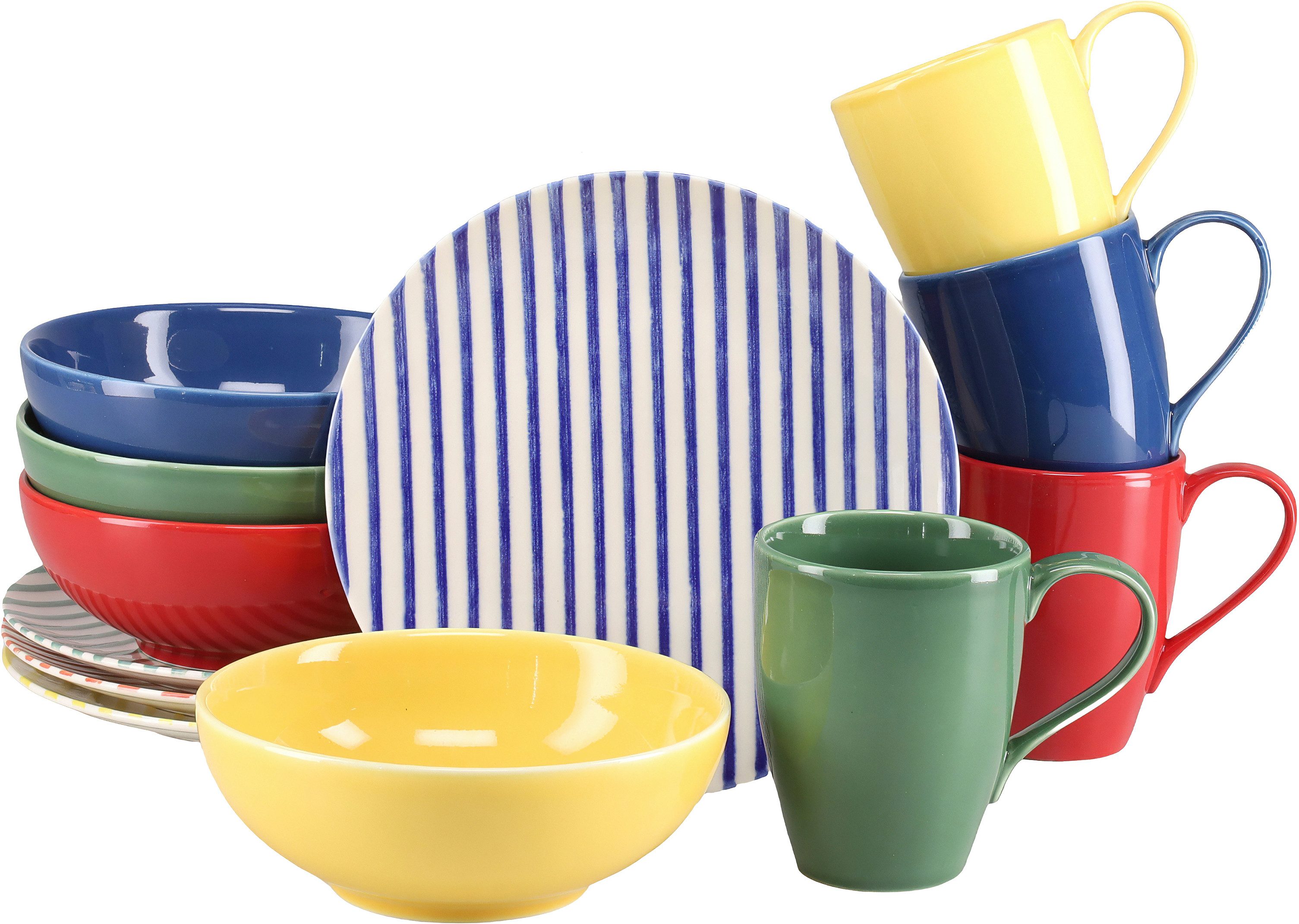 CreaTable Kaffeeservice Mio Viva Bunt, Service, 12-tlg. (12-tlg), 4 Personen, Steinzeug, Handgemalte Optik, keramische Motive kombiniert mit Farbglasuren